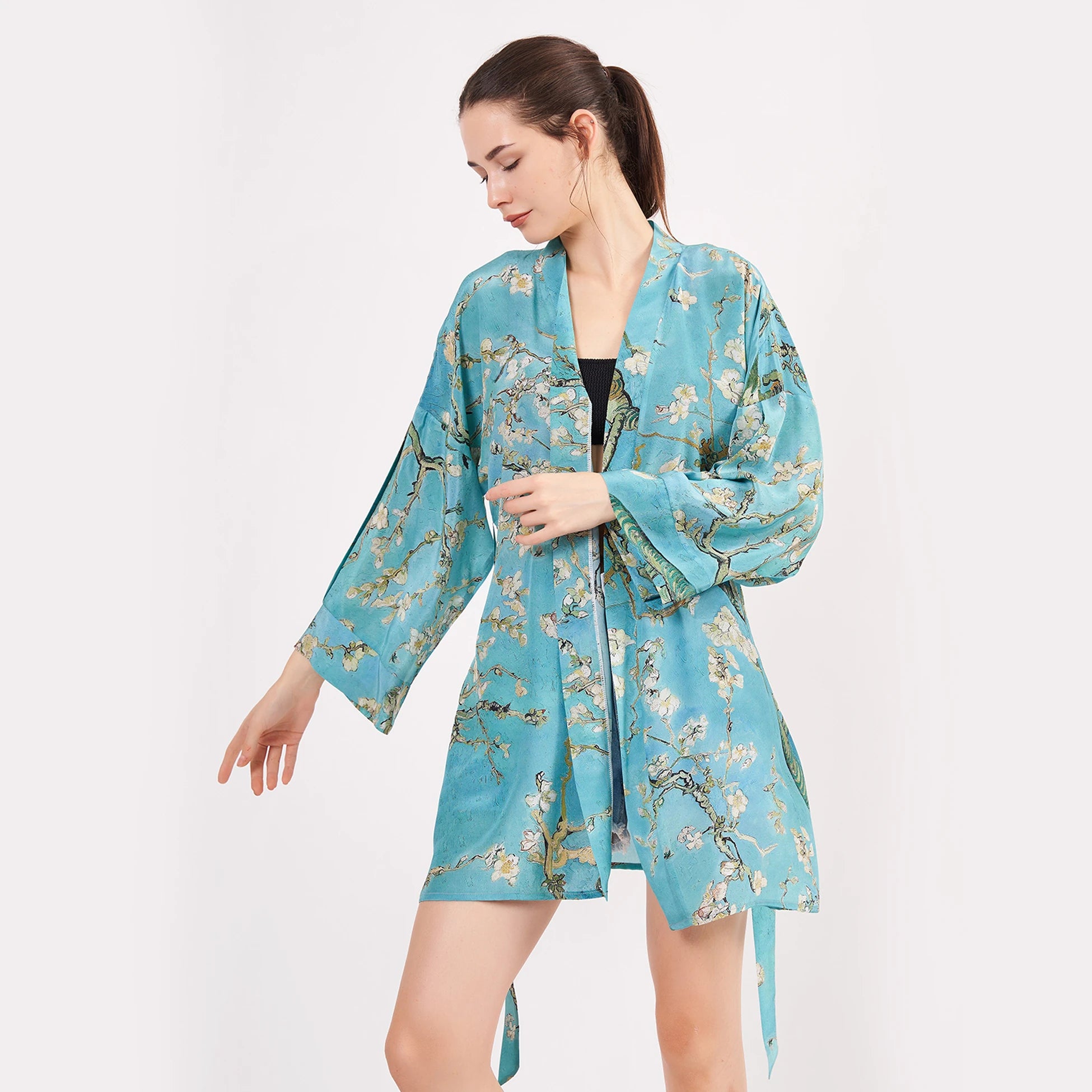 Saf İpek Kısa Kimono Kaftan | Van Gogh Badem Ağacı Turkuaz | Nomads Felt