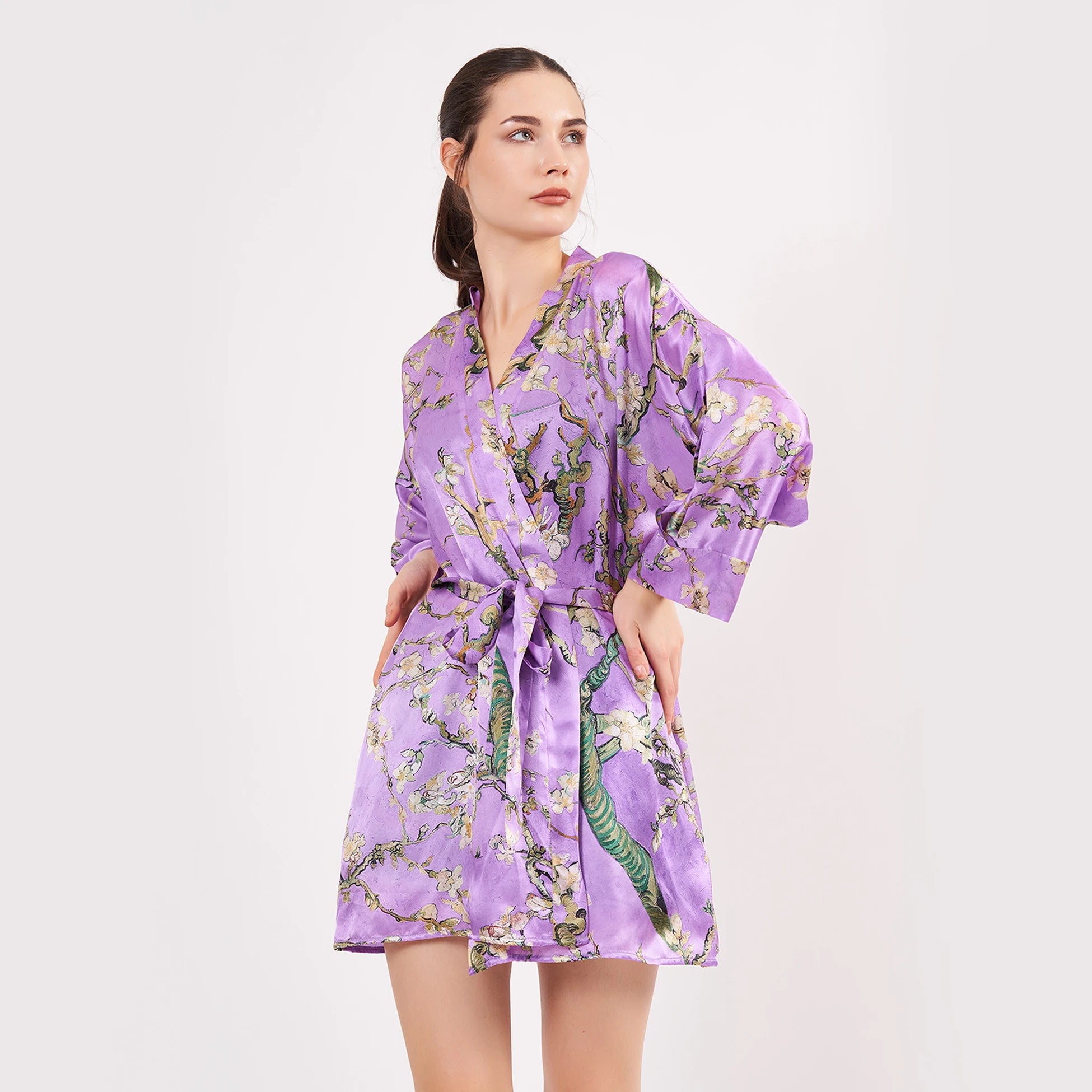 Saf İpek Kısa Kimono Kaftan | Van Gogh Badem Ağacı Mor | Nomads Felt