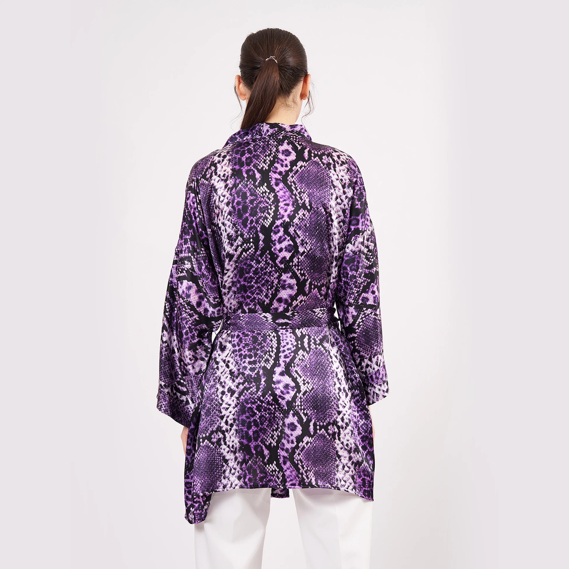 Saf İpek Kısa Kimono Kaftan | Yılan Derisi Desen Mor | Nomads Felt