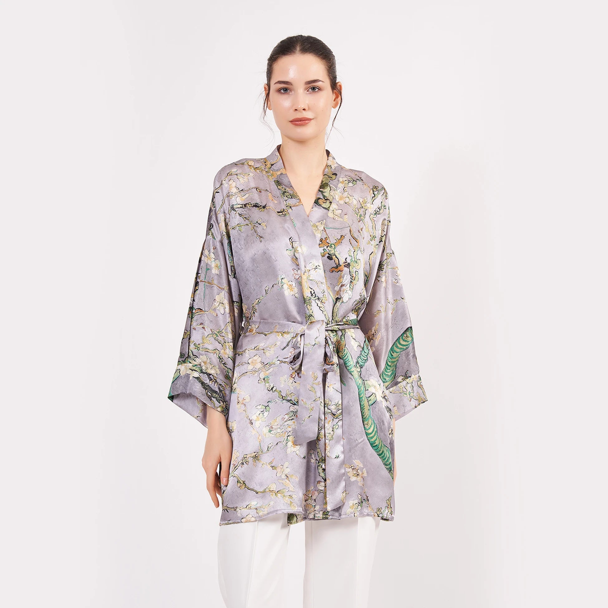 Saf İpek Kısa Kimono Kaftan | Van Gogh Badem Ağacı Gri | Nomads Felt