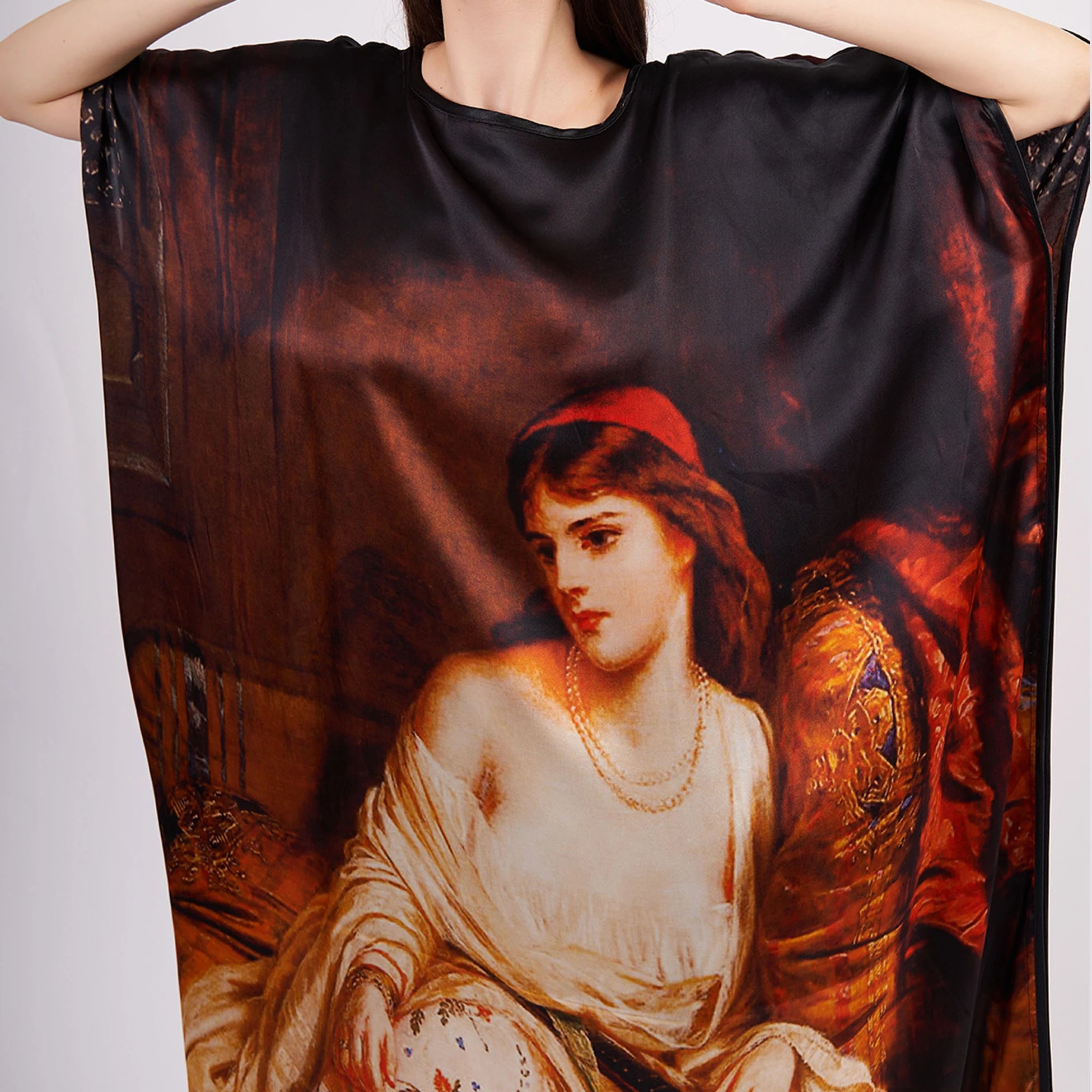 %100 İpek Uzun Elbise | Siyah Harem Desen | Nomads Felt