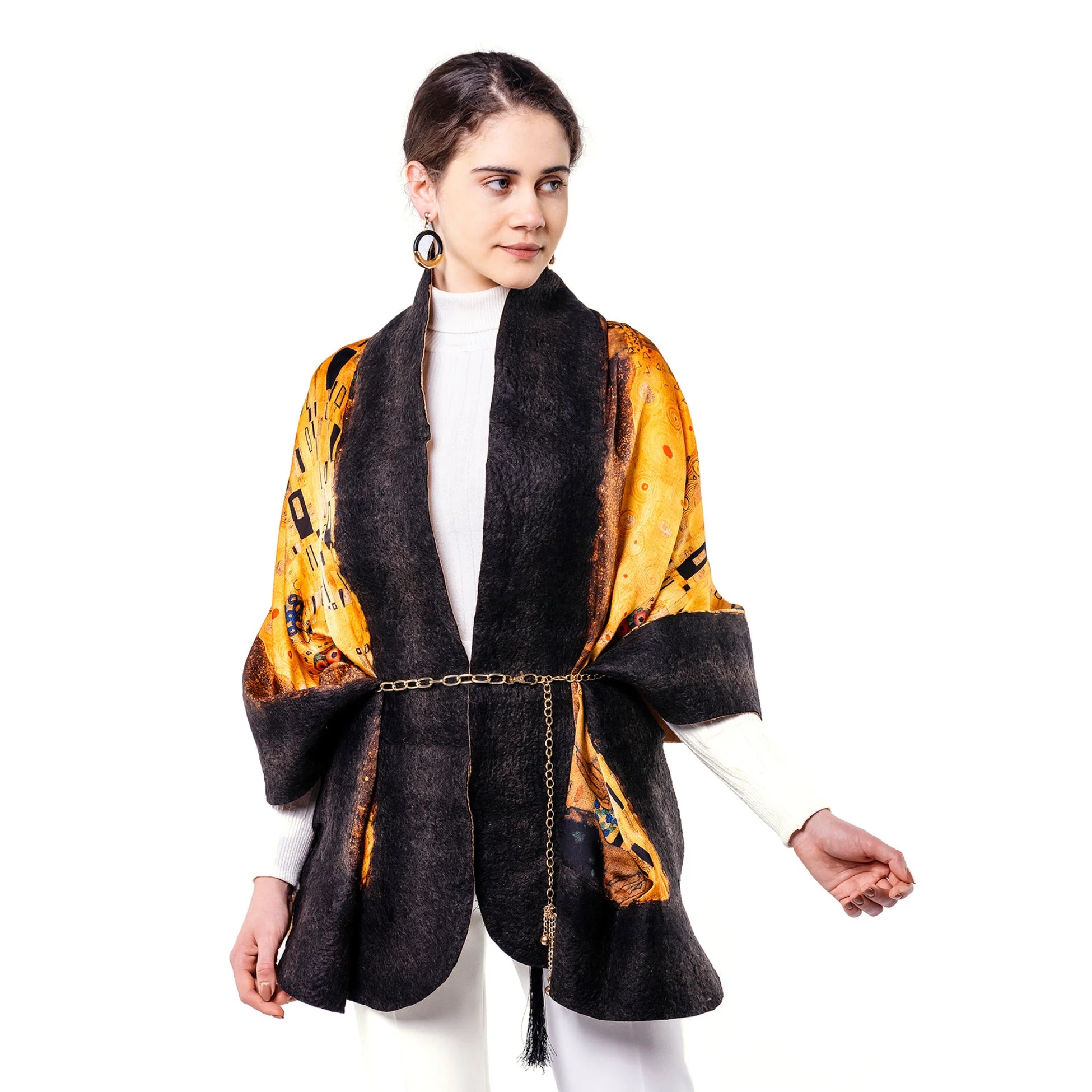 İpek Keçe Şal | Siyah Camel | Gustav Klimt The Kiss | Nomads Felt