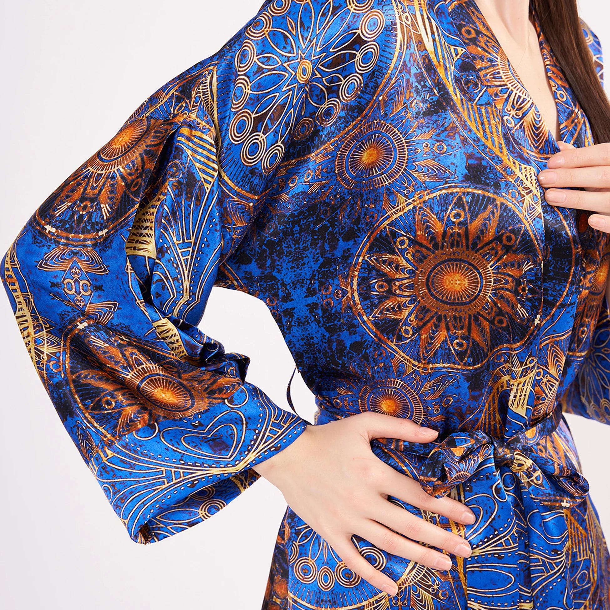Saf İpek Kısa Kimono Kaftan | Mandala Desen 3 Saks Mavi | Nomads Felt