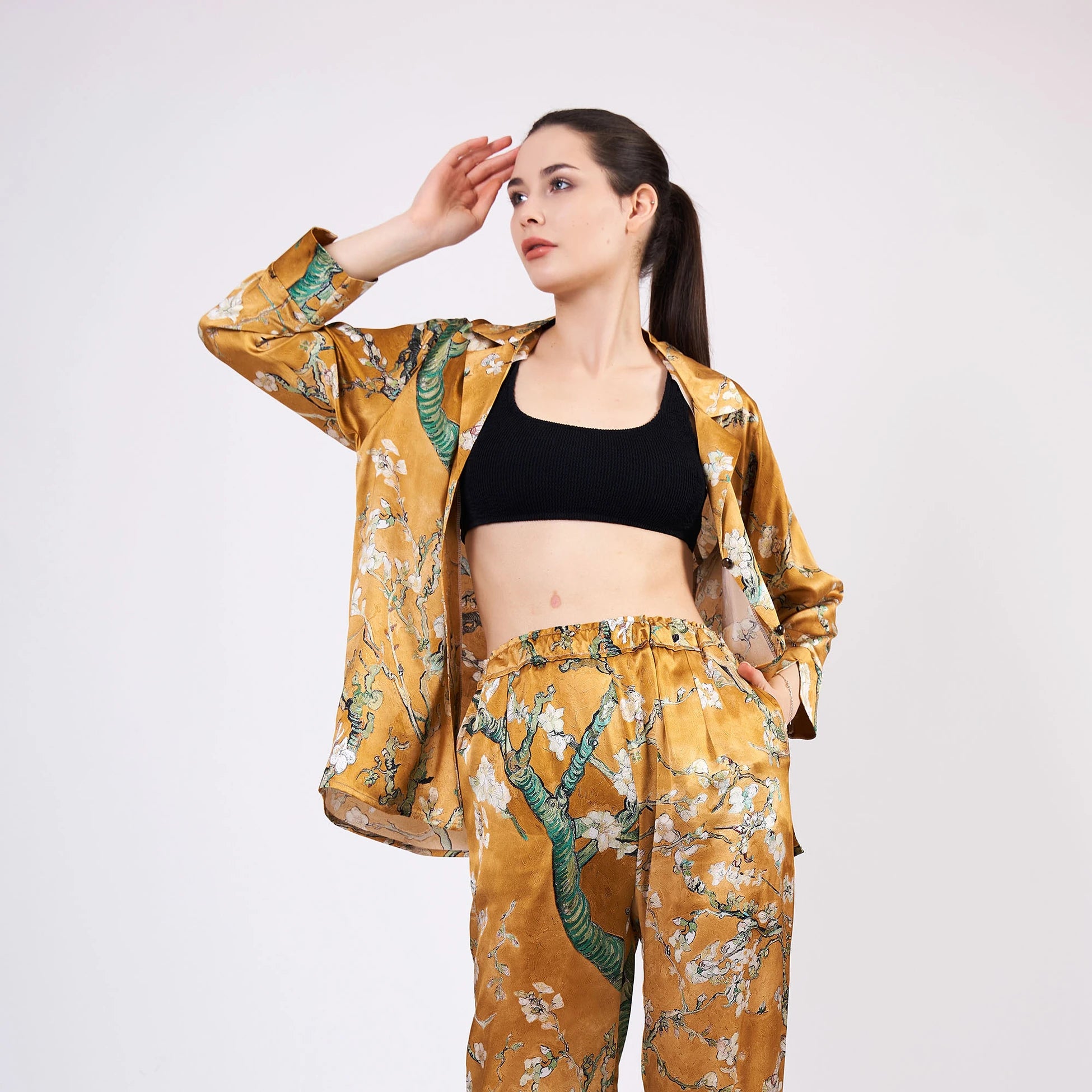 Saf İpek Gömlek-Pantolon-Pijama Takımı | Van Gogh Badem Ağacı Gold | Nomads Felt