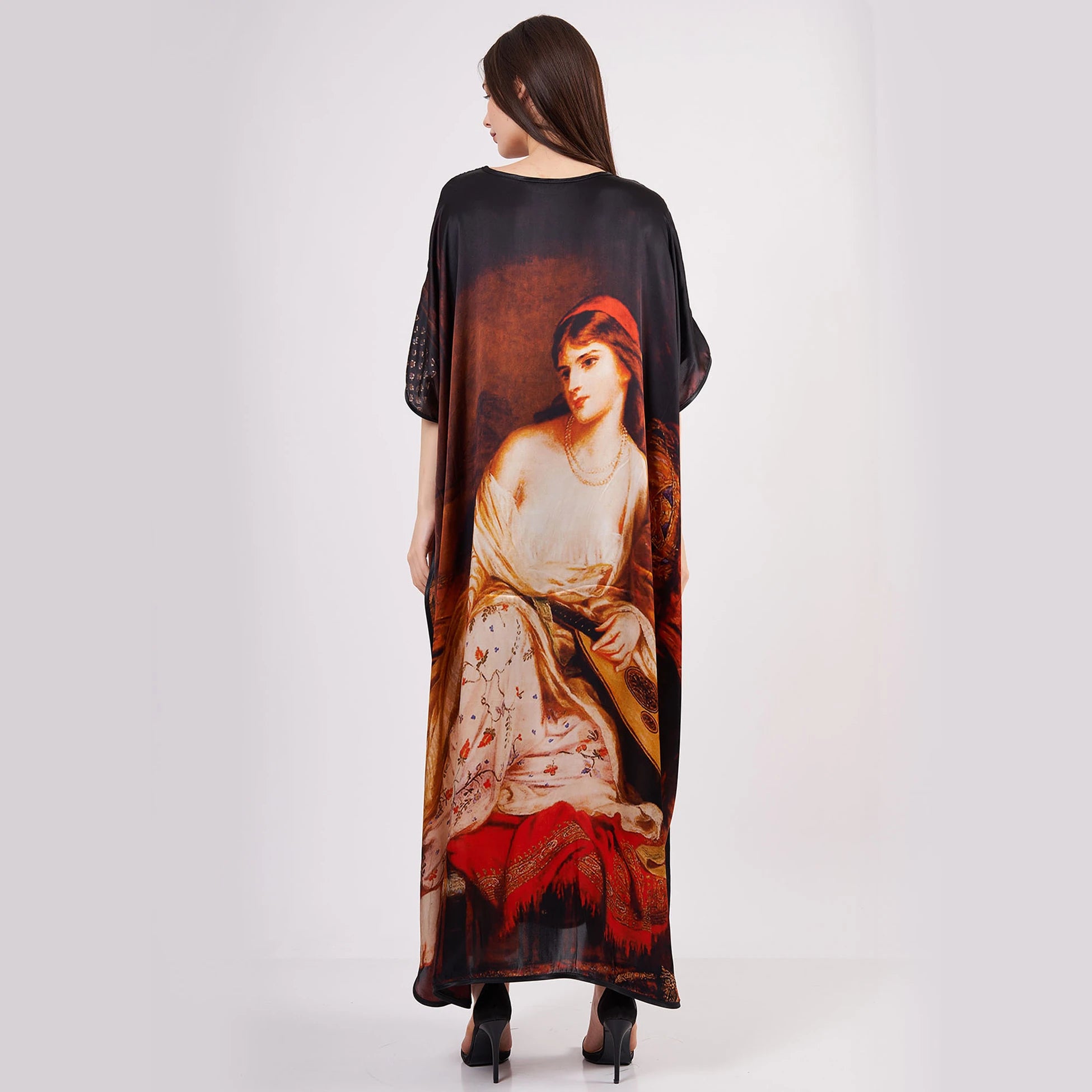%100 İpek Uzun Elbise | Siyah Harem Desen | Nomads Felt