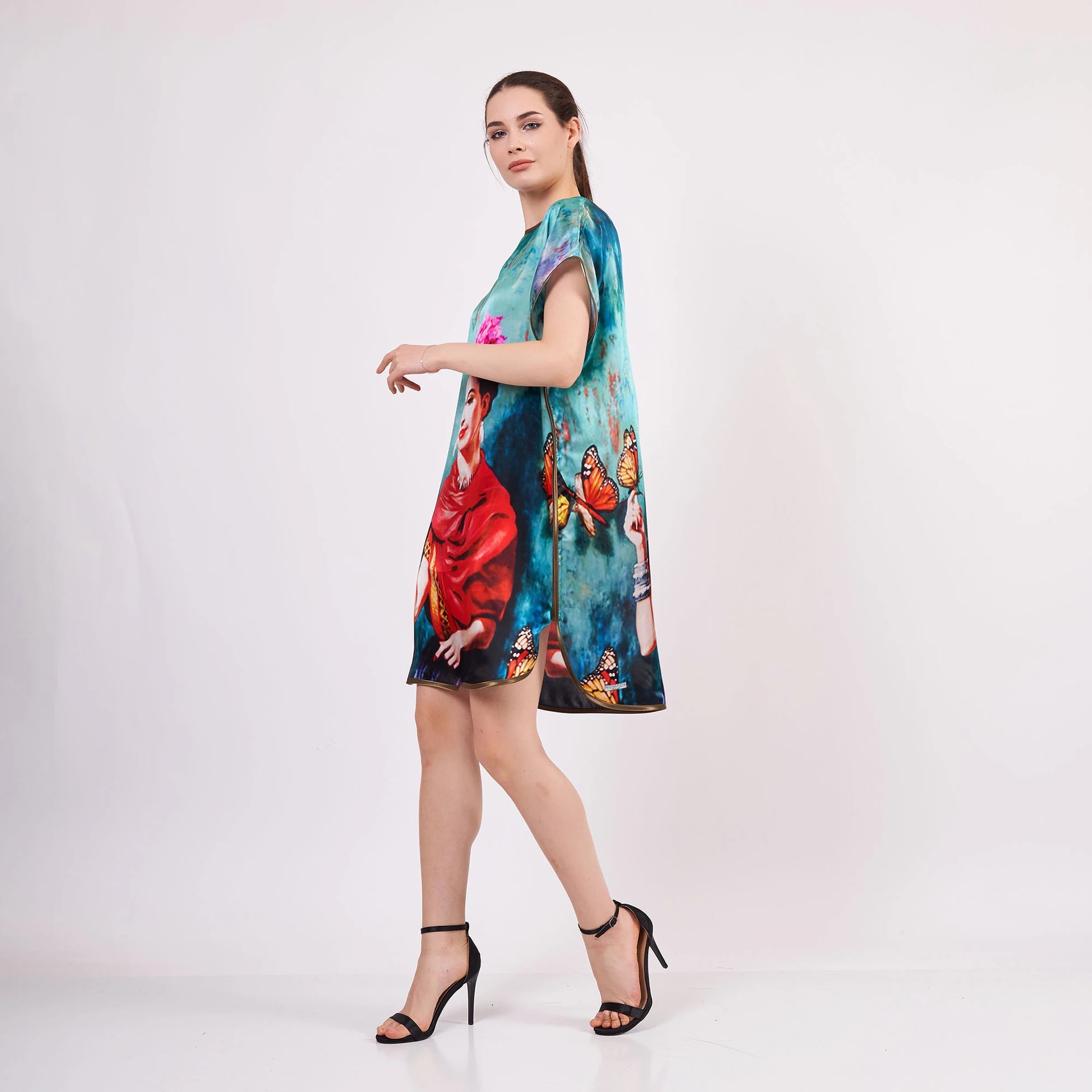 Saf İpek Kısa Elbise | Frida Kahlo 3 | Nomads Felt
