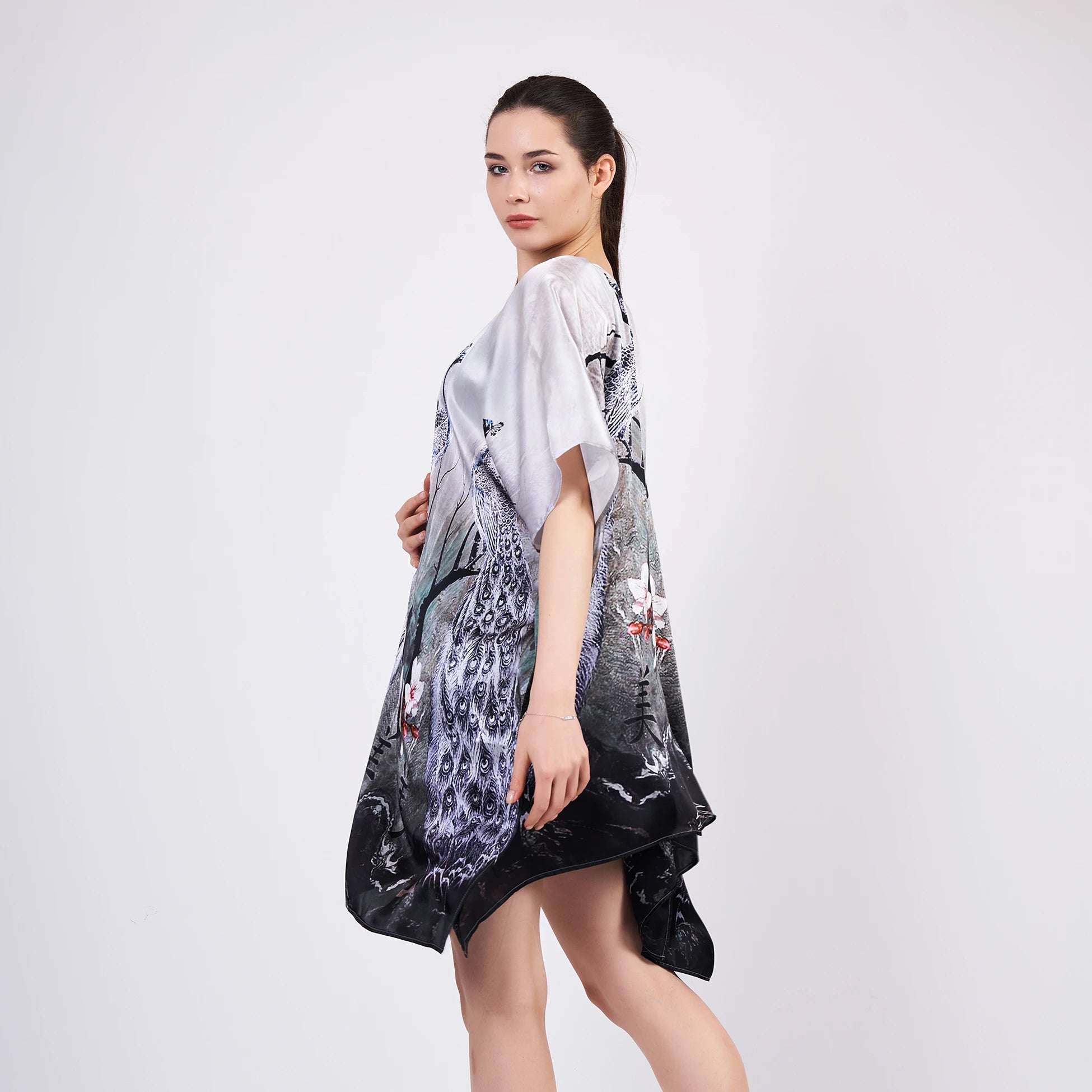 %100 İpek Kısa Kimono Pareo | Tavus Kuşu Desen | Nomads Felt