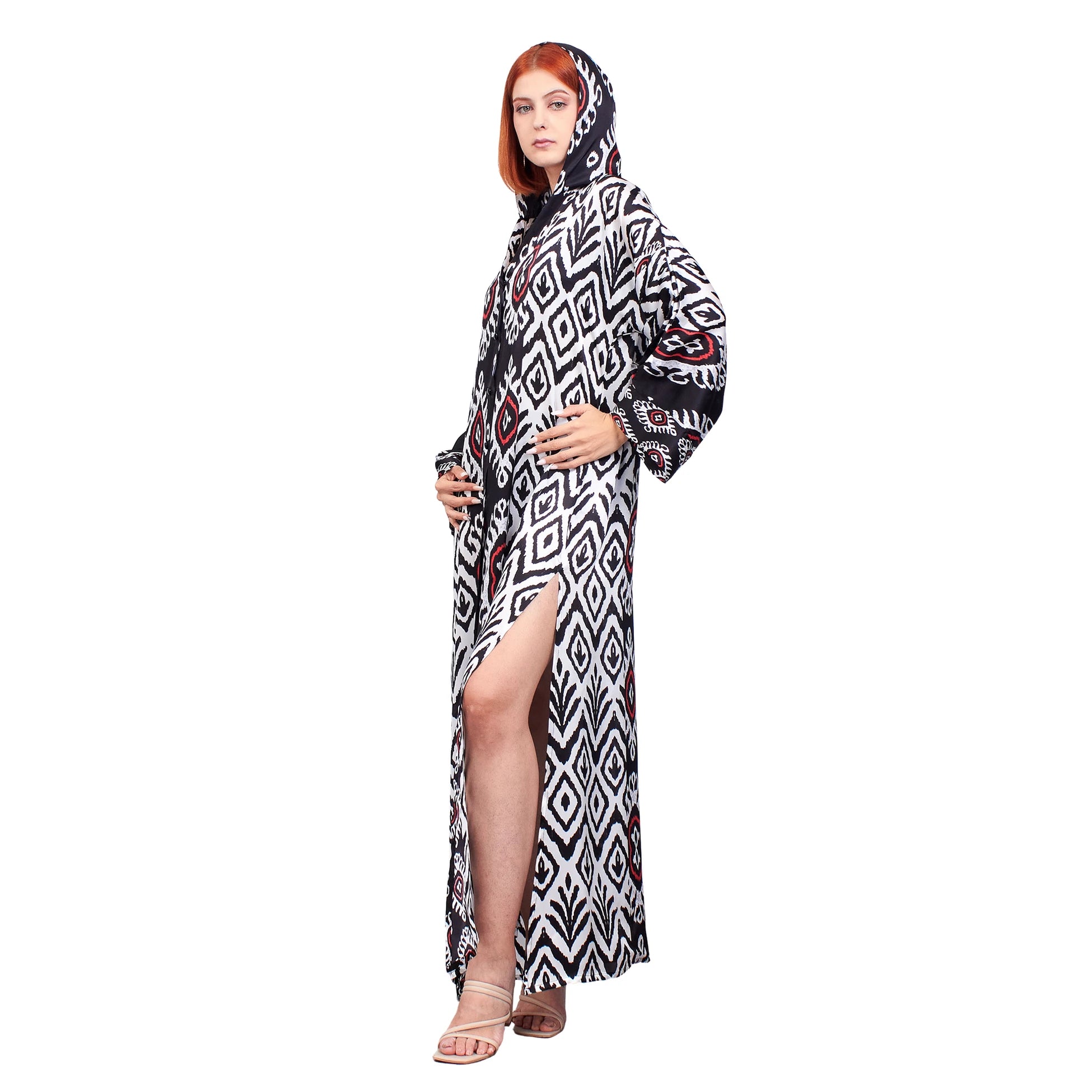 %100 İpek Kapüşonlu Kimono | Siyah İkat Desen 4 | Nomads Felt