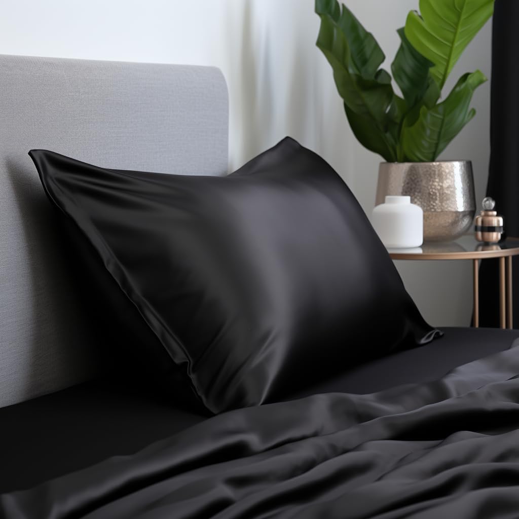 Siyah İpek Yastık Kılıfı %100 Dut İpeği, 16 Momme, Cilt ve Saç İçin Lüks Uyku Konforu (1 Adet, 50x70 cm)