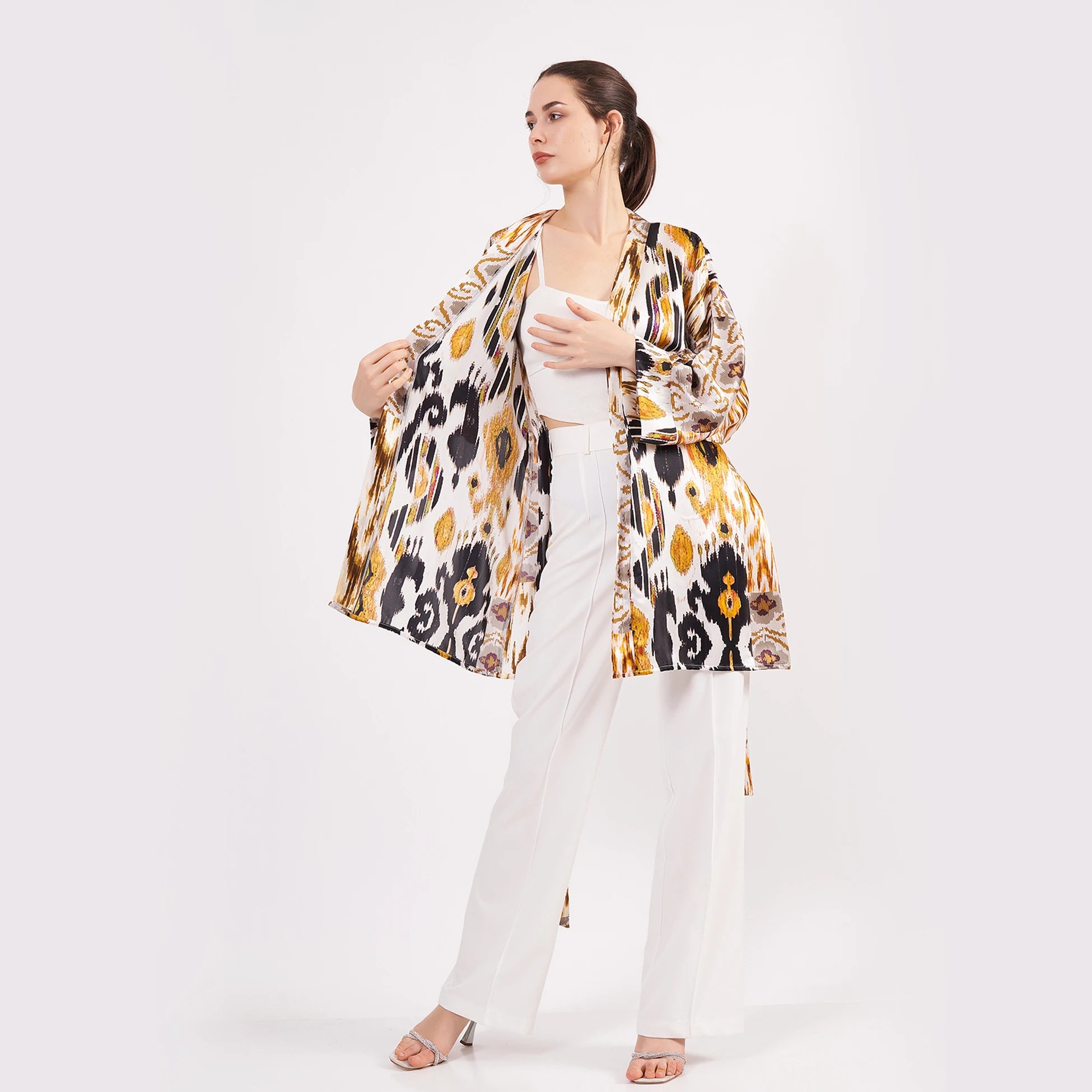 Saf İpek Kısa Kimono Kaftan | Ikat Desen 6 | Nomads Felt