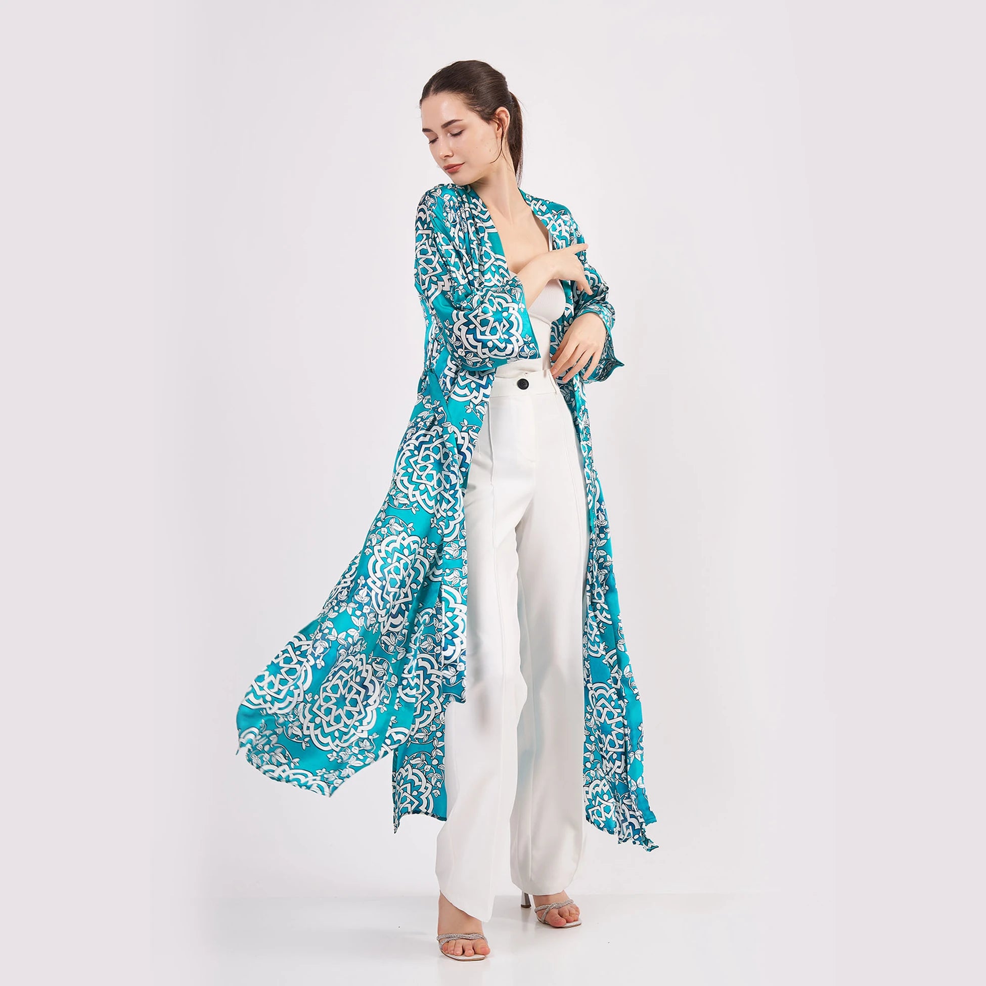 Saf İpek Uzun Kimono Kaftan | Çini Desen Turkuaz | Nomads Felt