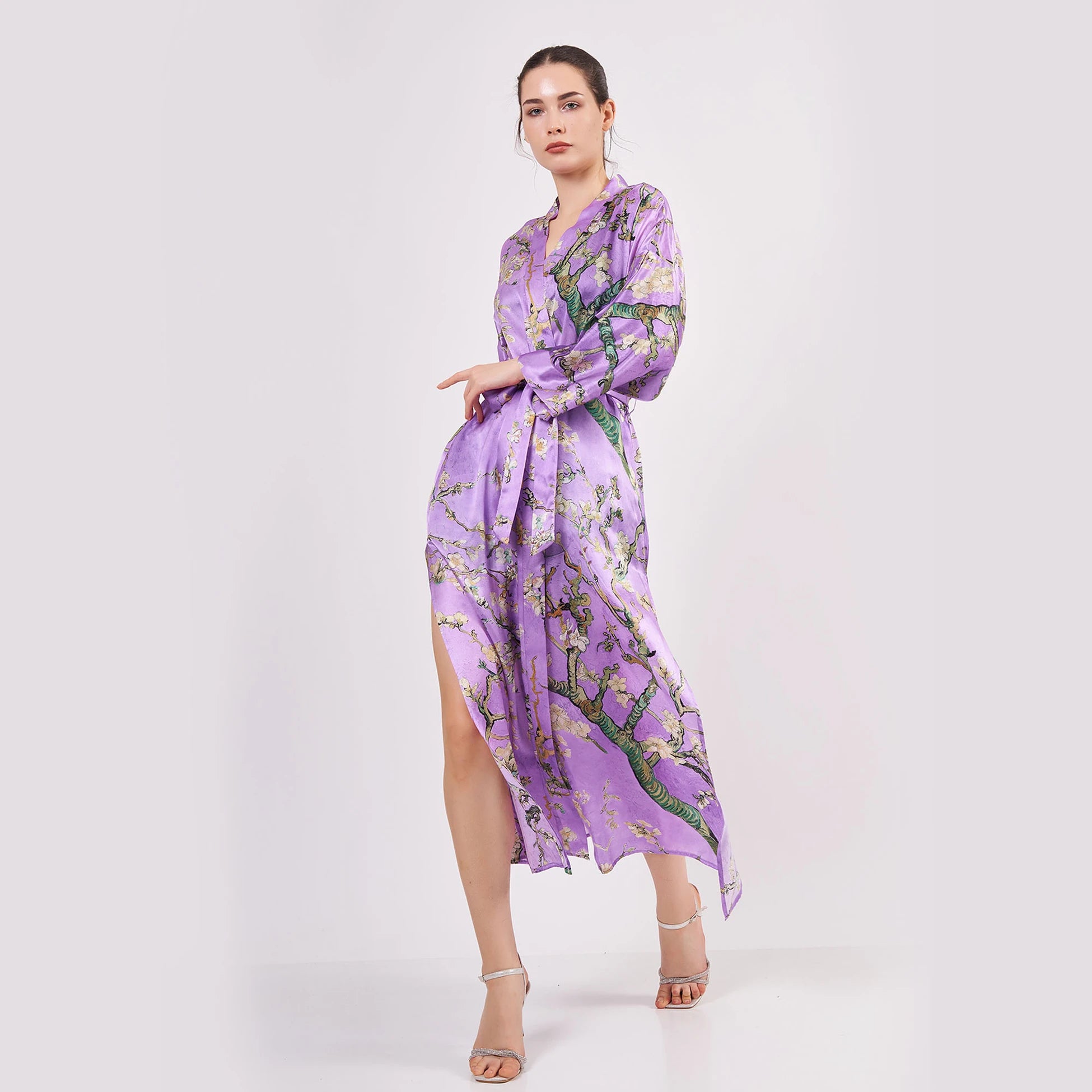 Saf İpek Uzun Kimono Kaftan | Mor Van Gogh Badem Ağacı | Nomads Felt