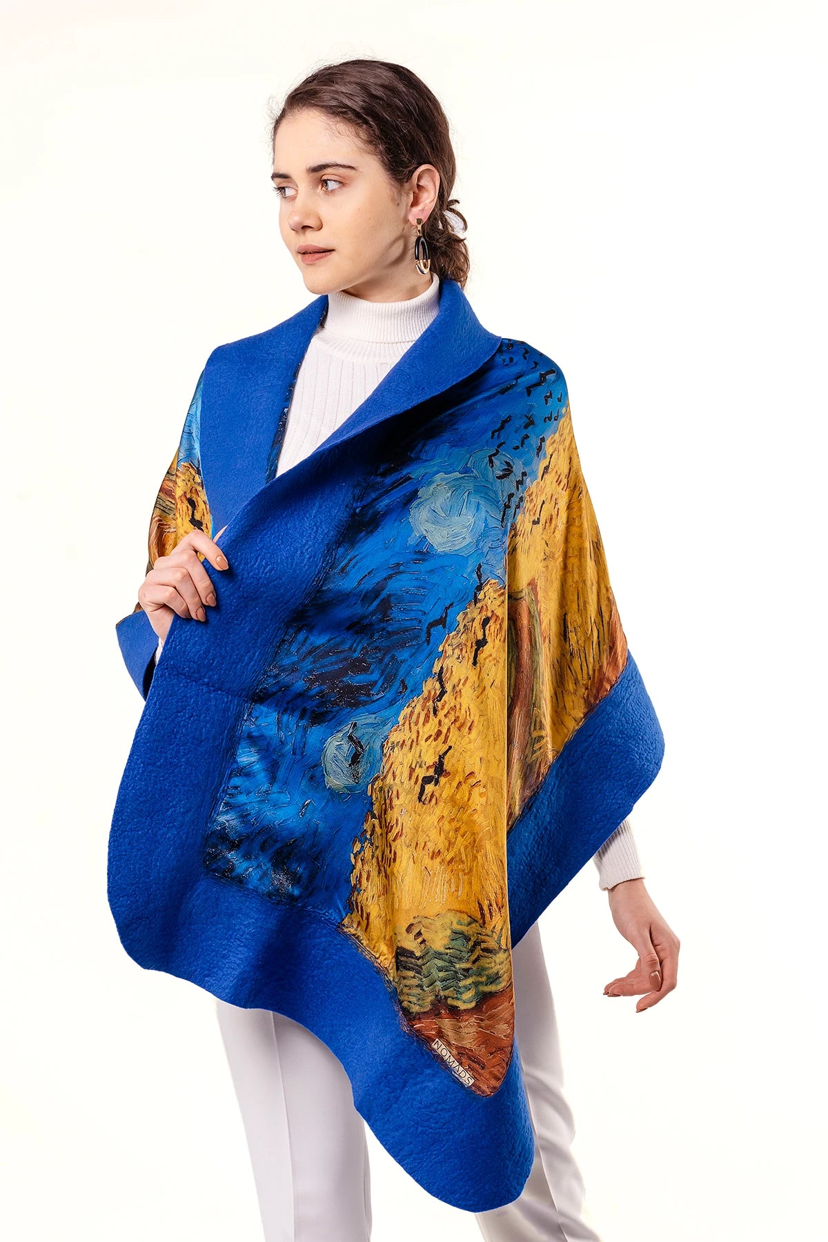 İpek-Keçe Şal | Mavi Van Gogh Wheatfield with Crows | Nomads Felt