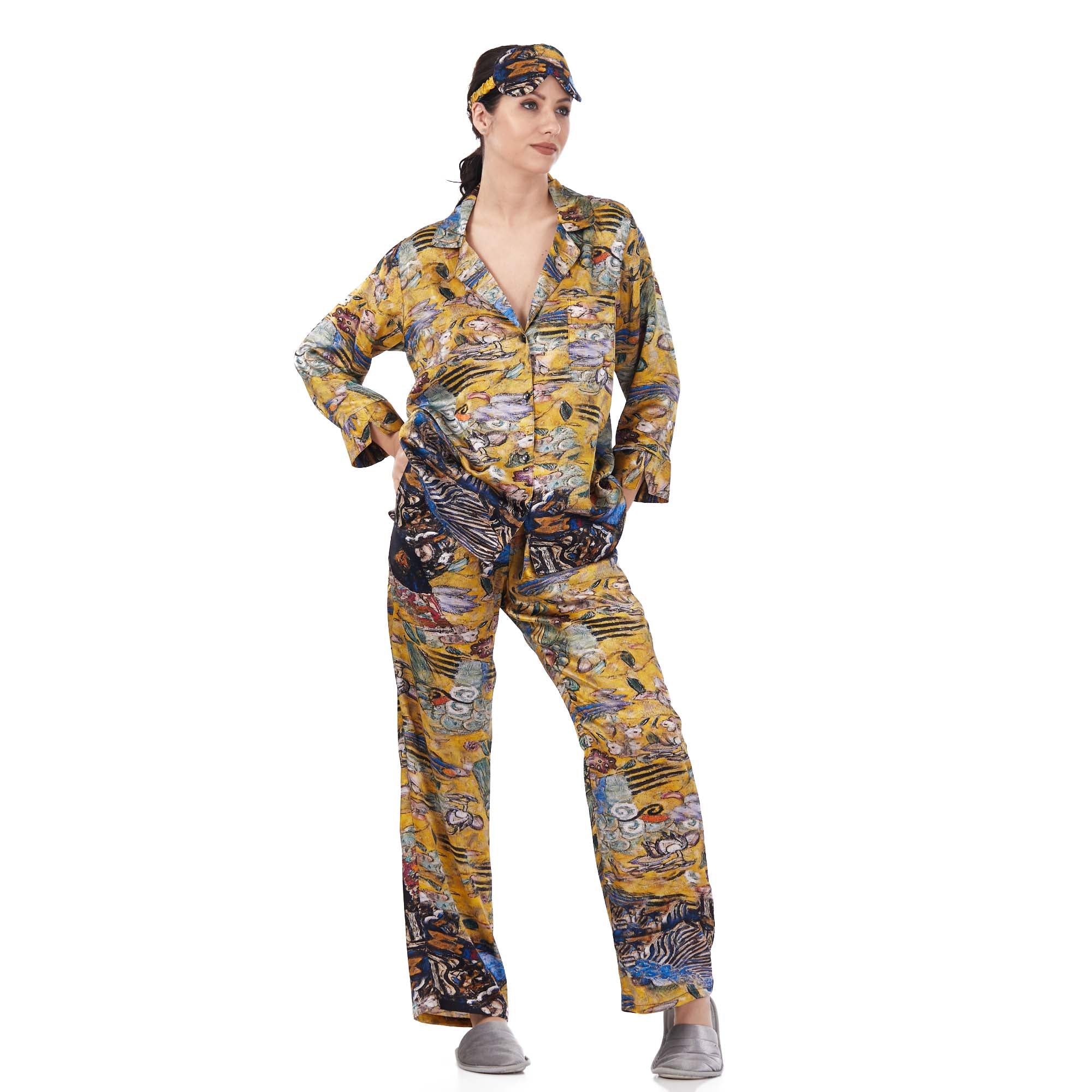 İpek Gömlek Pantolon-Pijama Takımı | Lady with Fan | Nomads Felt
