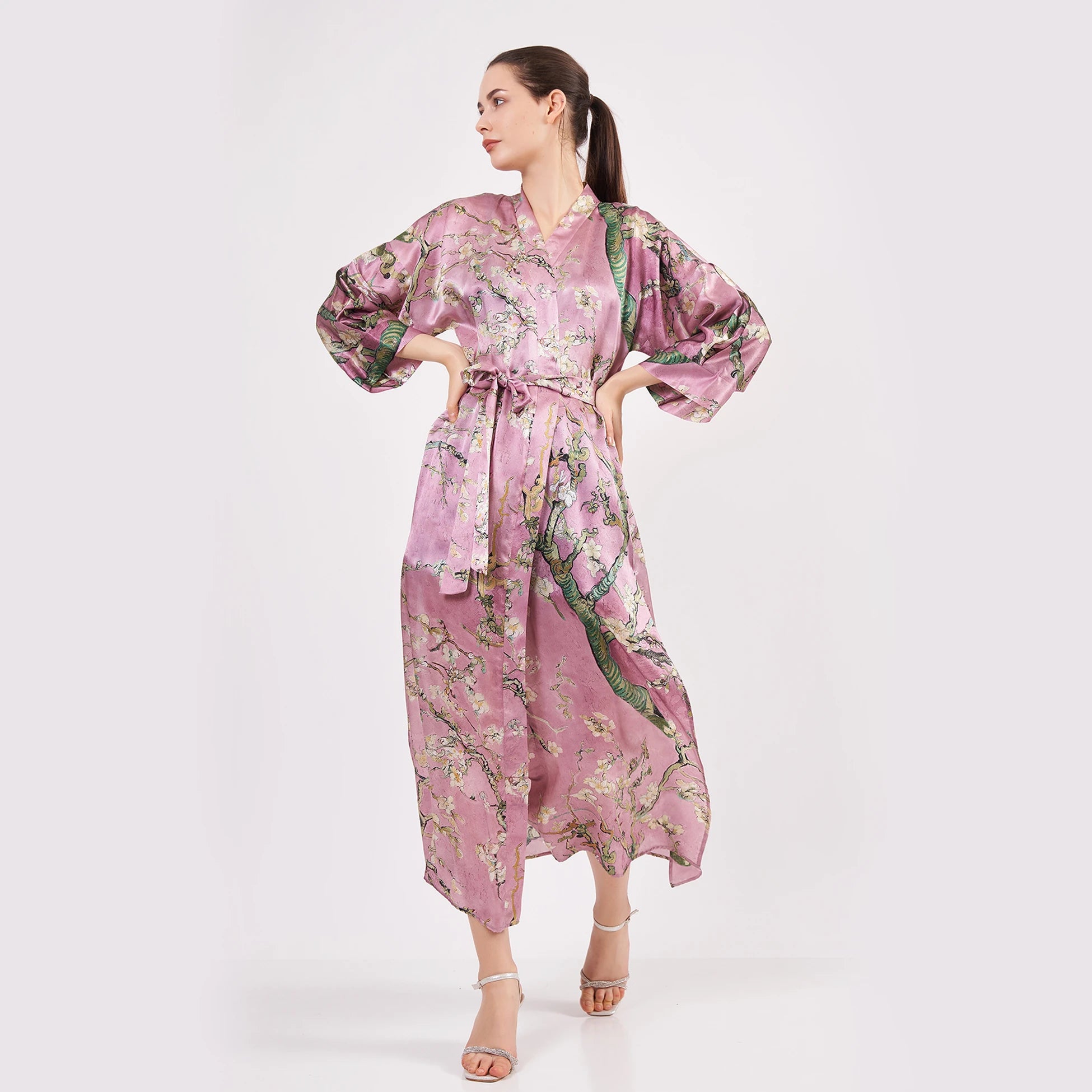 100% İpek Uzun Kimono Kaftan | Pembe | Van Gogh Badem Ağacı | Nomads Felt