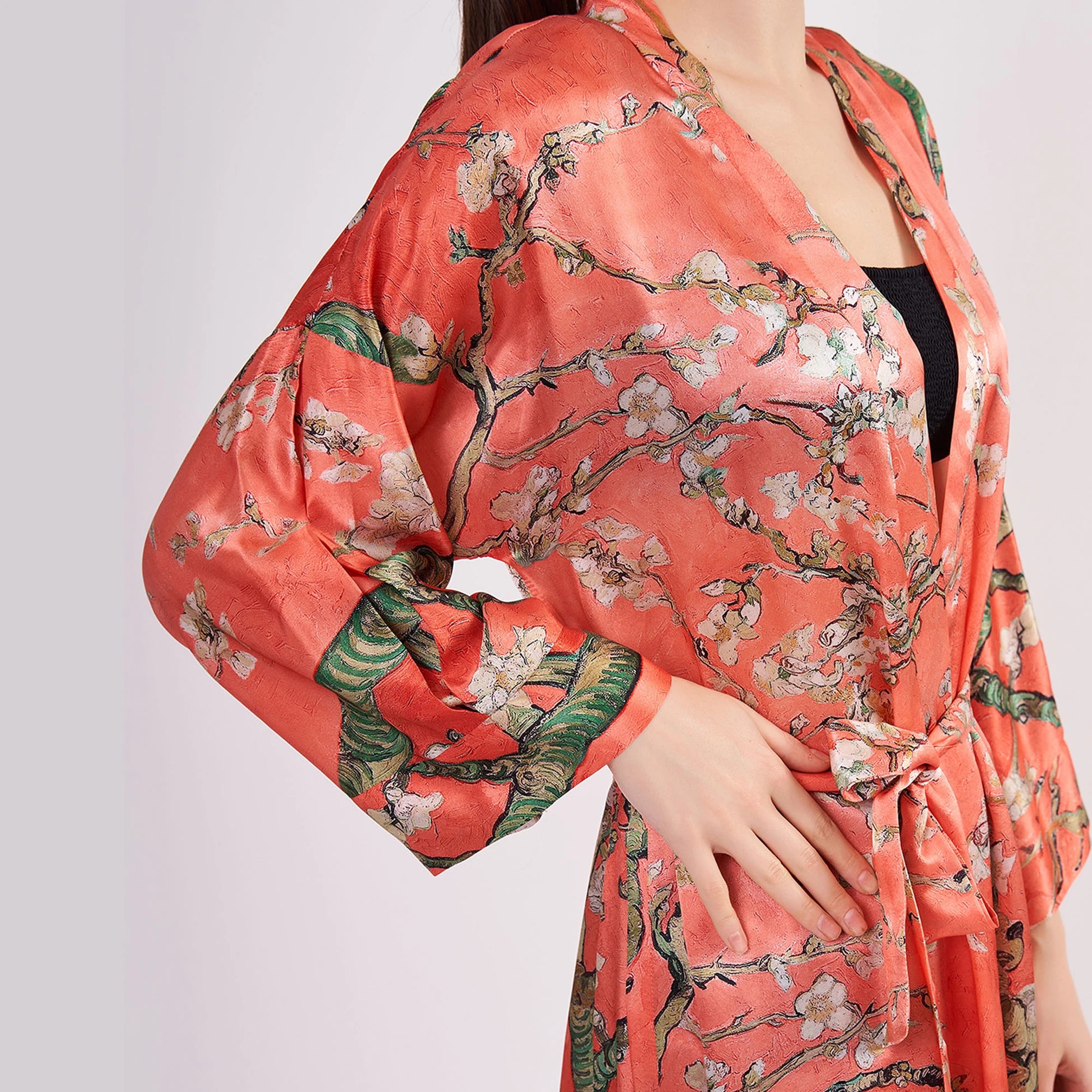 %100 İpek Kimono Kaftan | Nar Çiçeği | Van Gogh Badem Ağacı | Nomads Felt