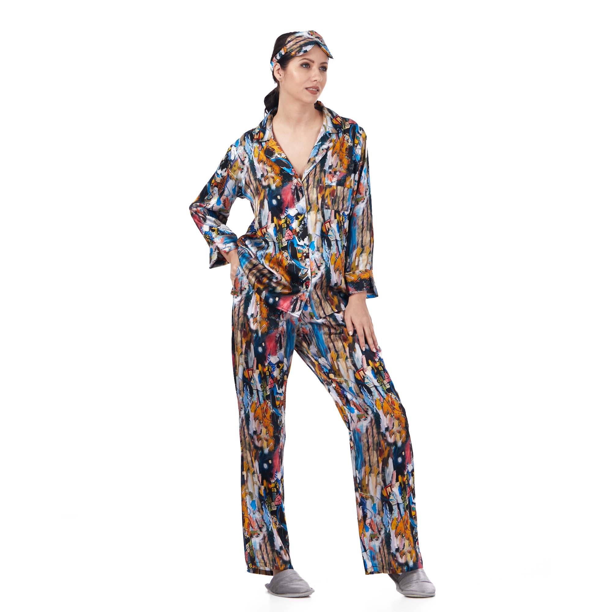 İpek Gömlek Pantolon-Pijama Takımı | Abstract Desen 7 | Nomads Felt