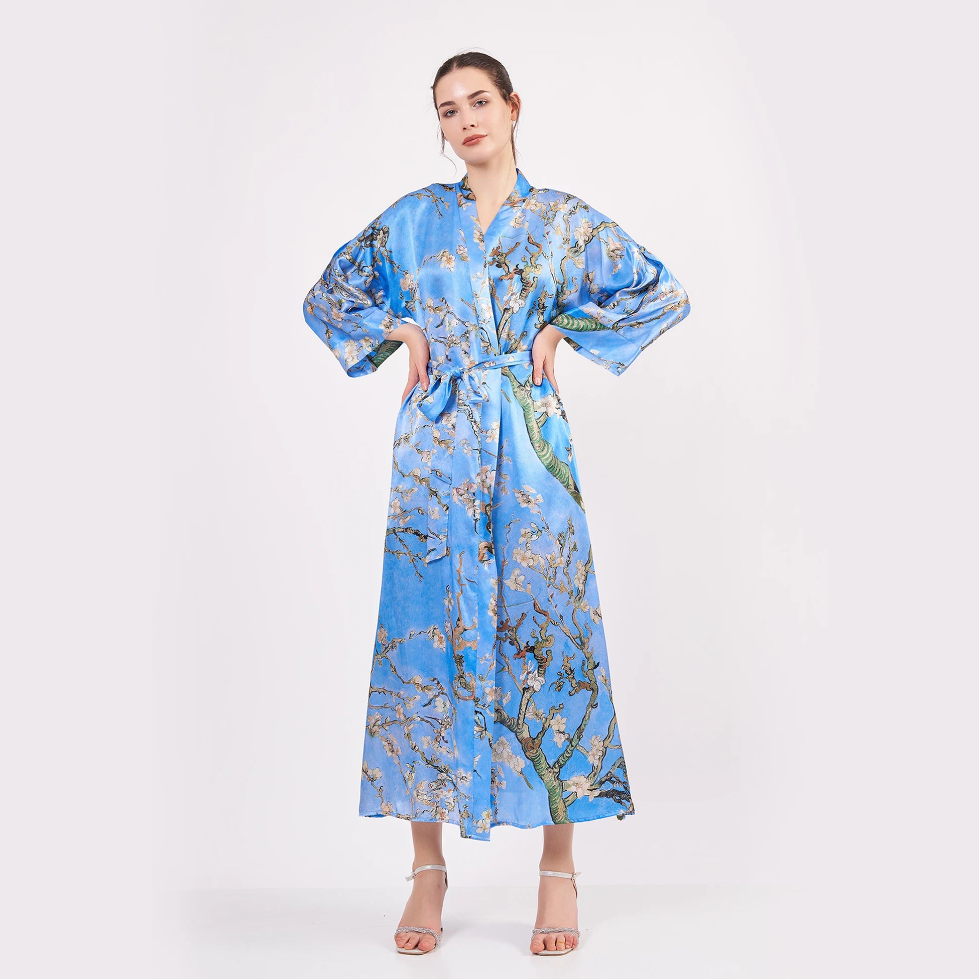 %100 İpek Kimono Kaftan | Mavi | Van Gogh Badem Ağacı | Nomads Felt