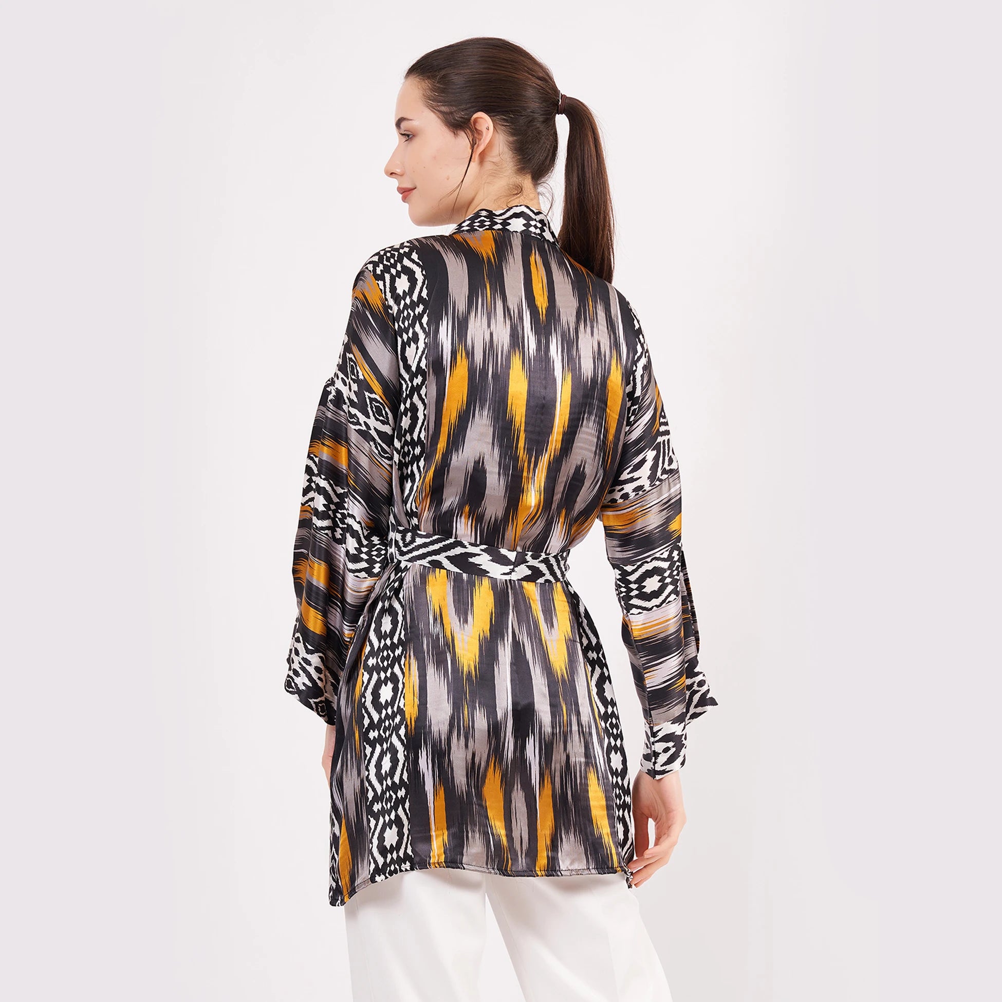 Saf İpek Kısa Kimono Kaftan | Ikat Desen 8 | Nomads Felt