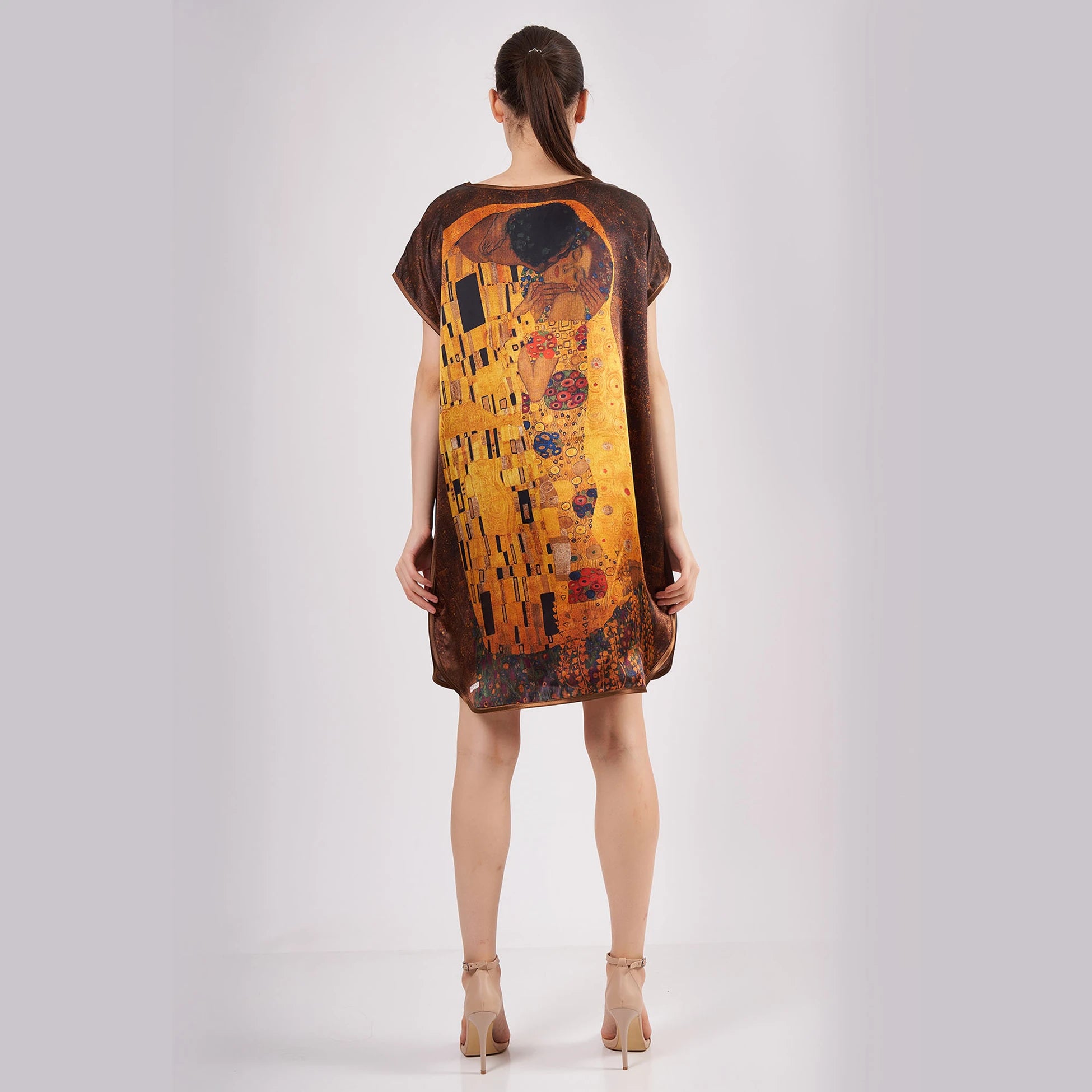 %100 İpek Kısa Elbise | Gustav Klimt The Kiss | Nomads Felt
