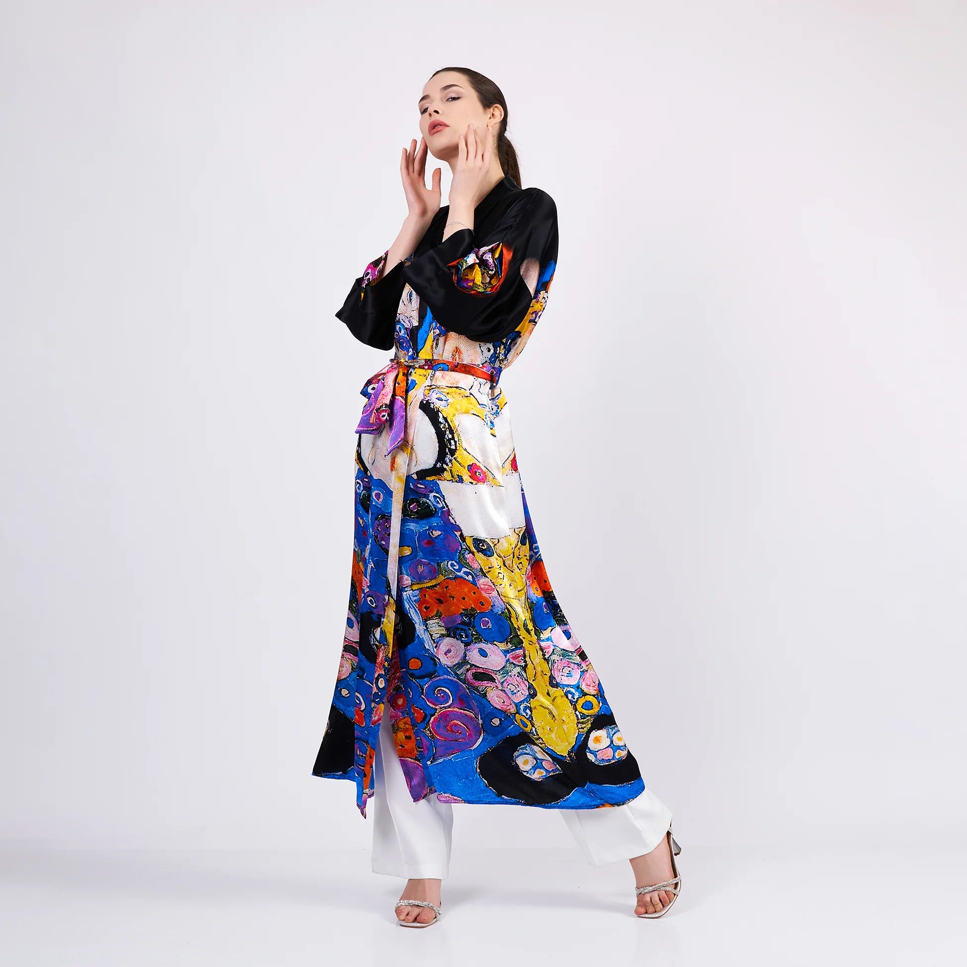 %100 İpek Uzun Kimono Kaftan | Gustav Klimt The Virgins | Nomads Felt