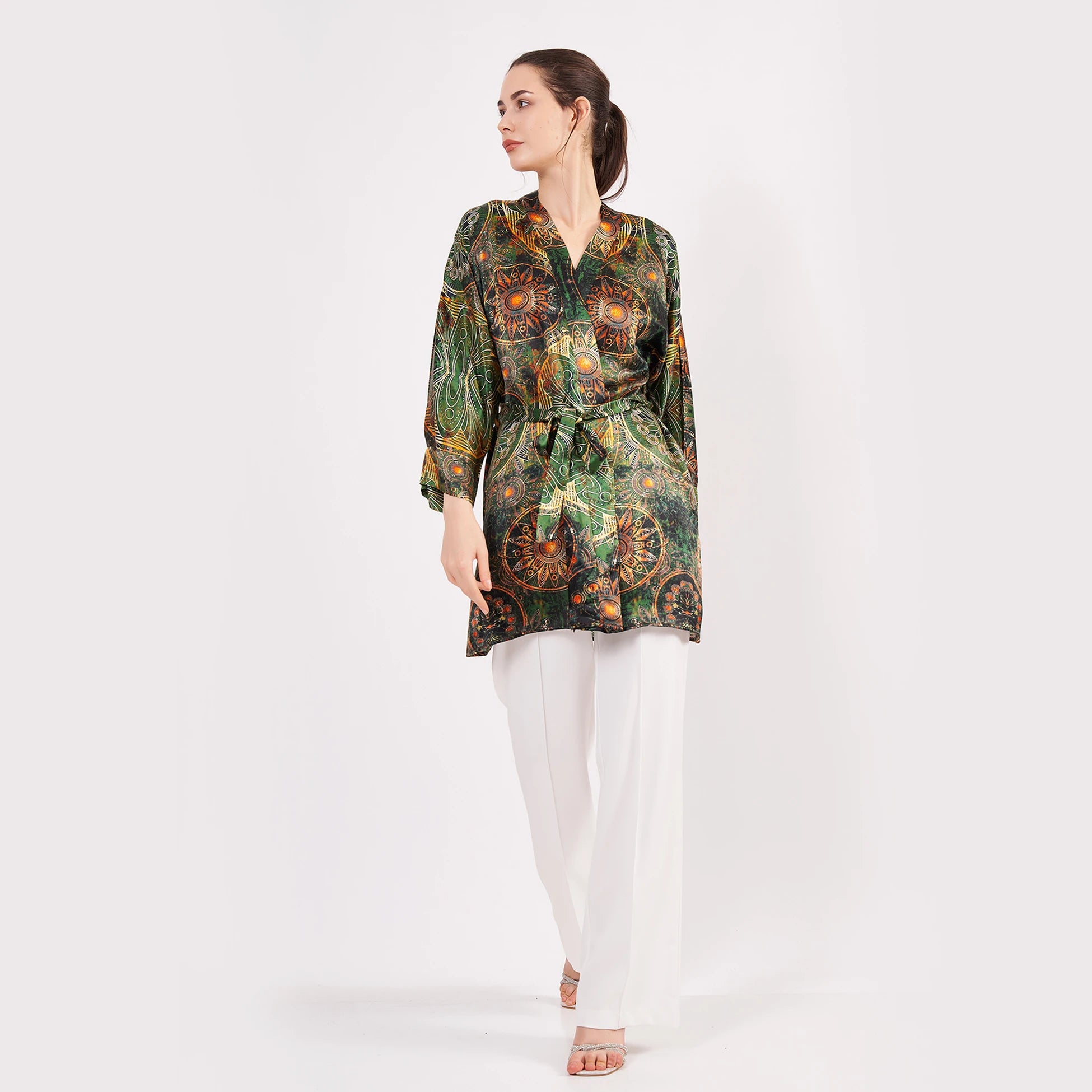 Saf İpek Kısa Kimono Kaftan | Mandala Desen 5 Haki | Nomads Felt