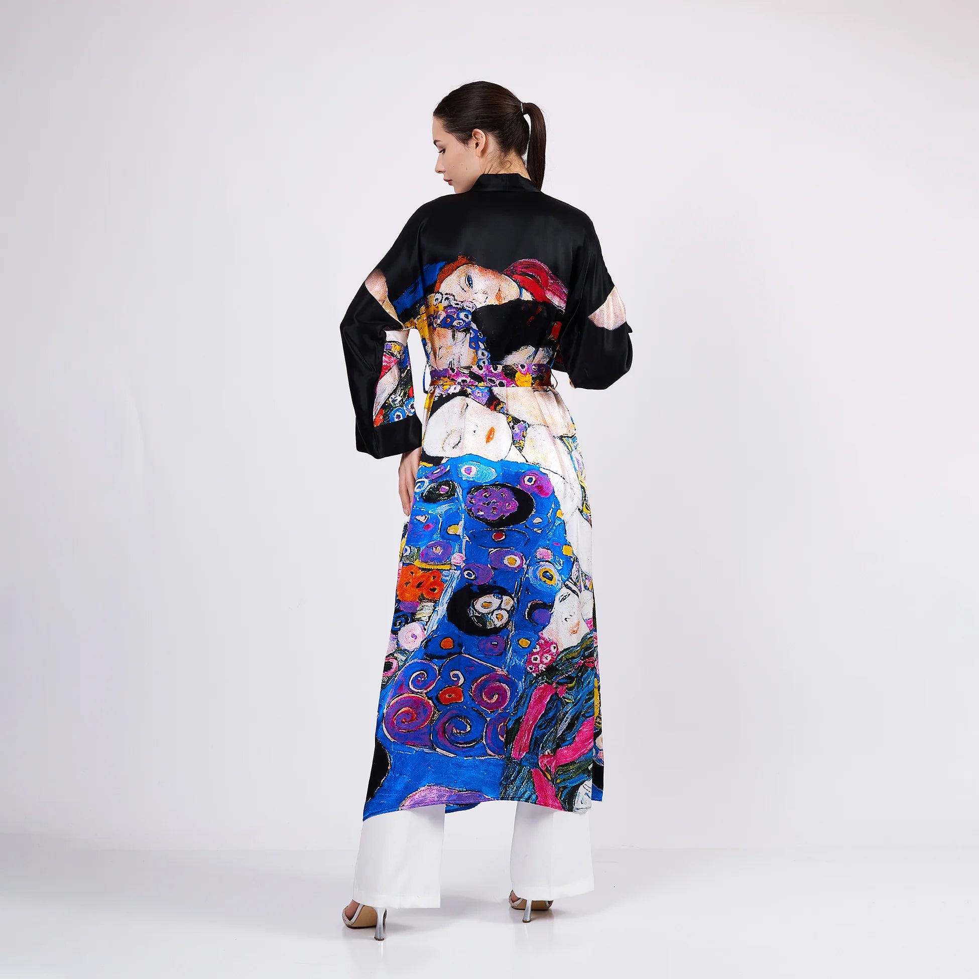 %100 İpek Uzun Kimono Kaftan | Gustav Klimt The Virgins | Nomads Felt