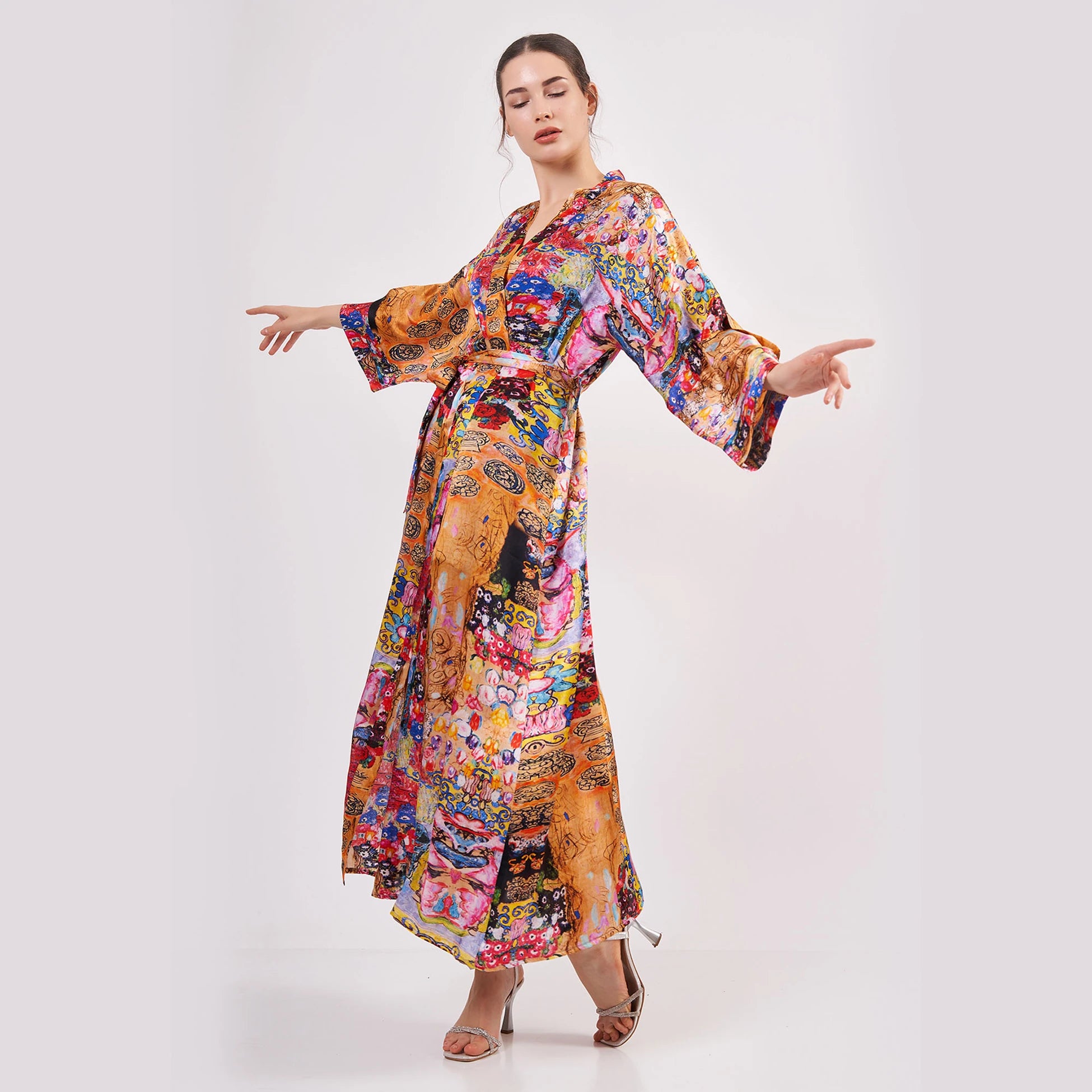 %100 İpek Uzun Kimono Kaftan | Çiçek Desen | Nomads Felt