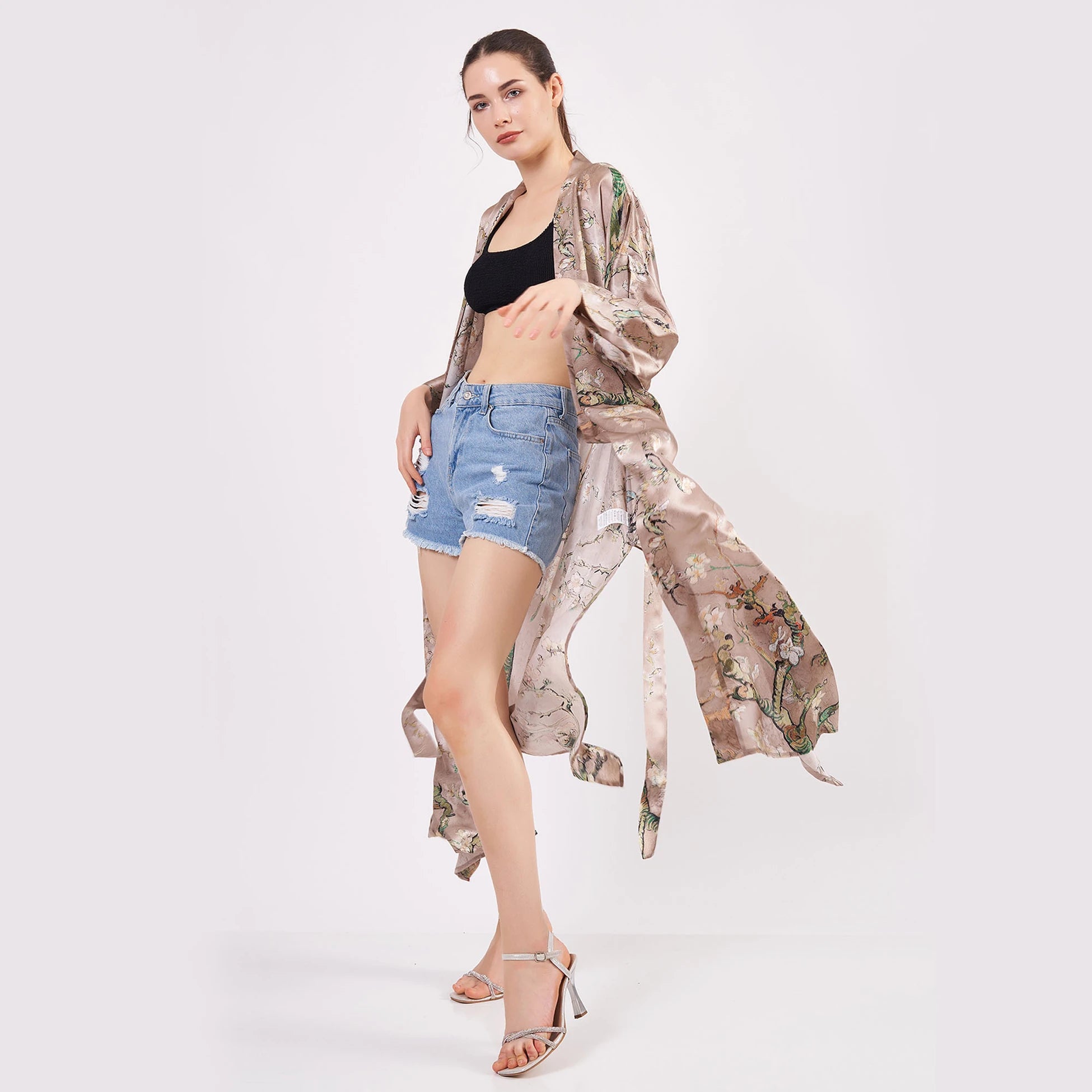 %100 İpek Kimono Kaftan | Bej | Van Gogh Badem Ağacı | Nomads Felt