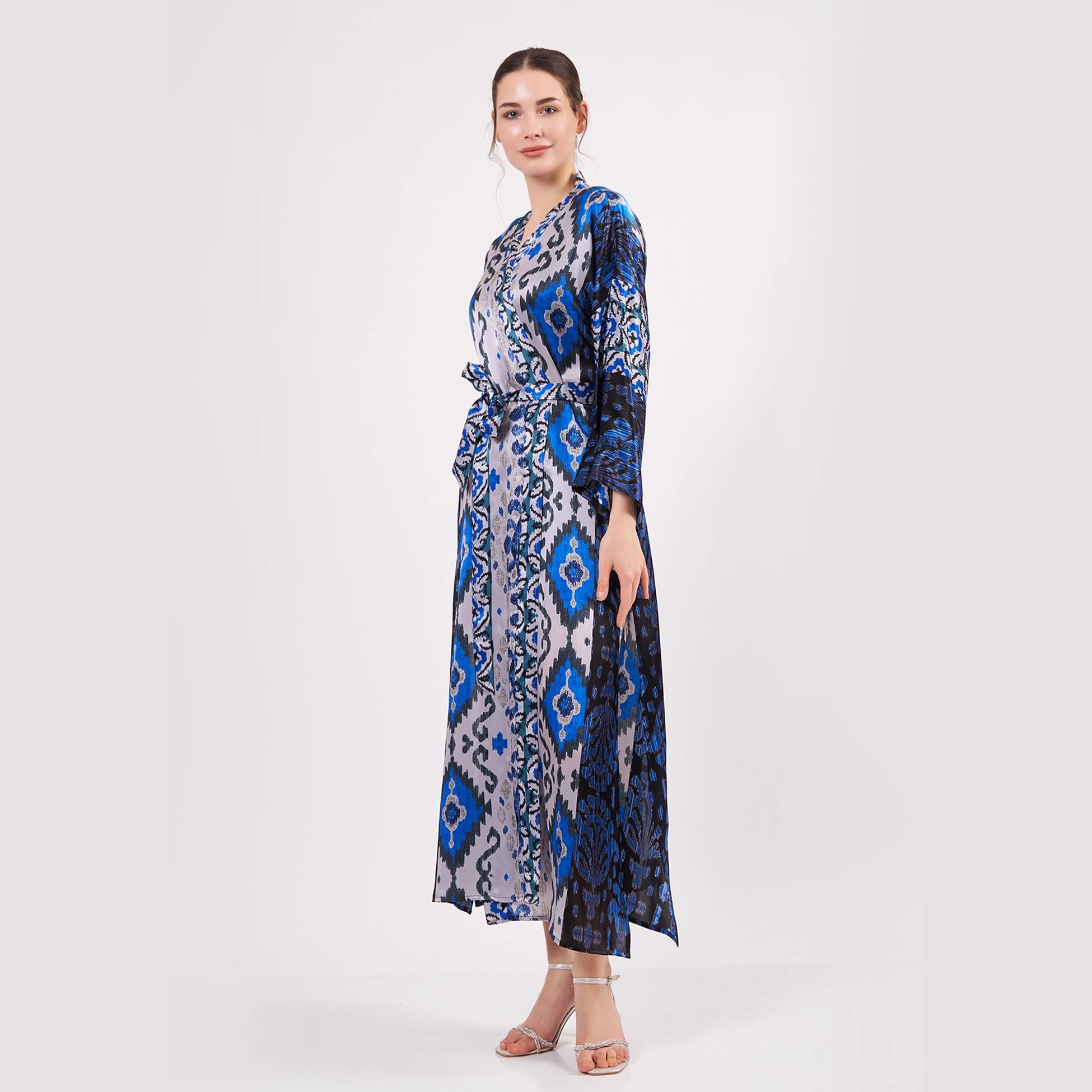 %100 İpek Uzun Kimono Kaftan | Ikat Desen Koyu Mavi | Nomads Felt