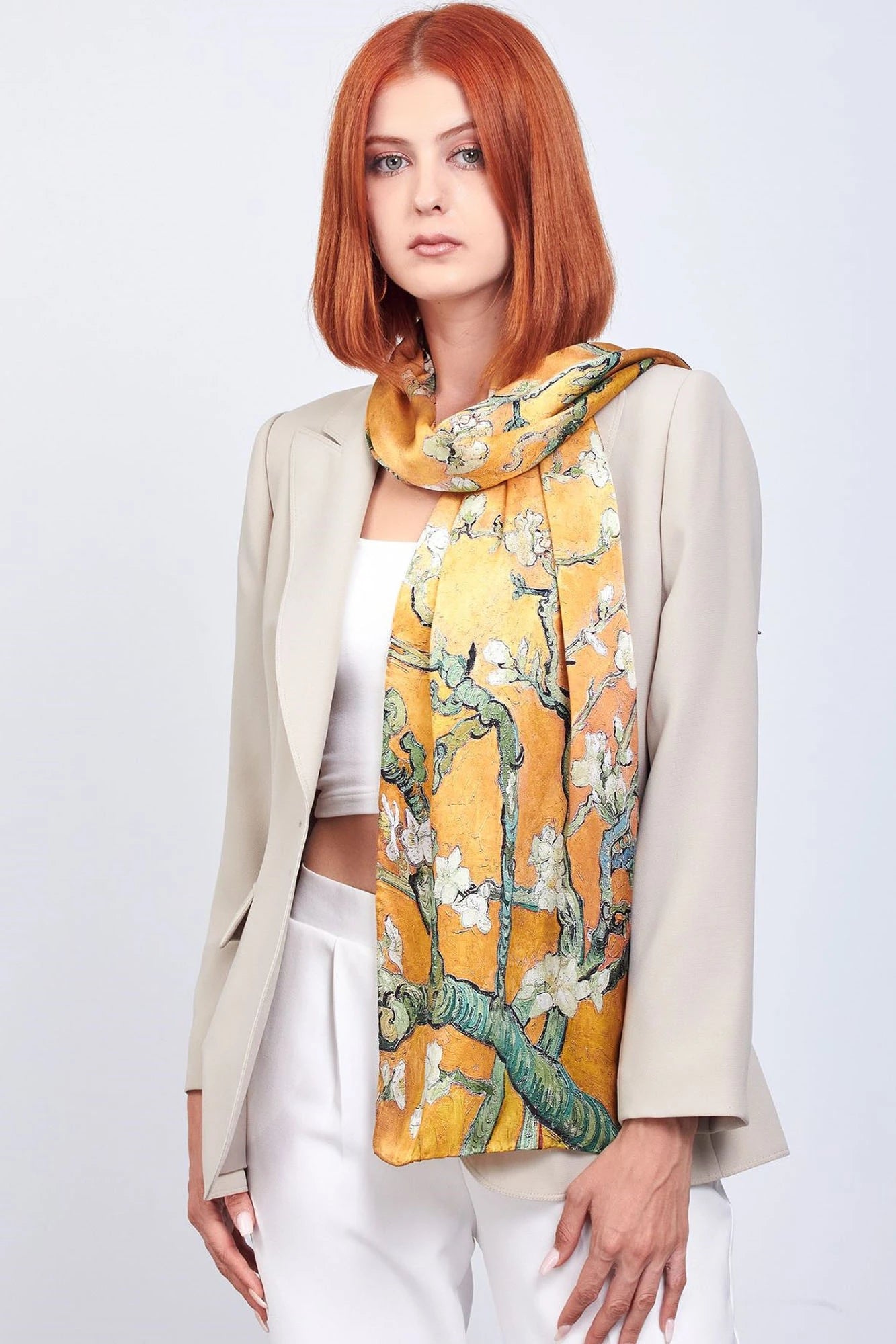 %100 Ipek Fular | Gold | 35x160 Cm | Van Gogh Badem Ağacı | Nomads Felt