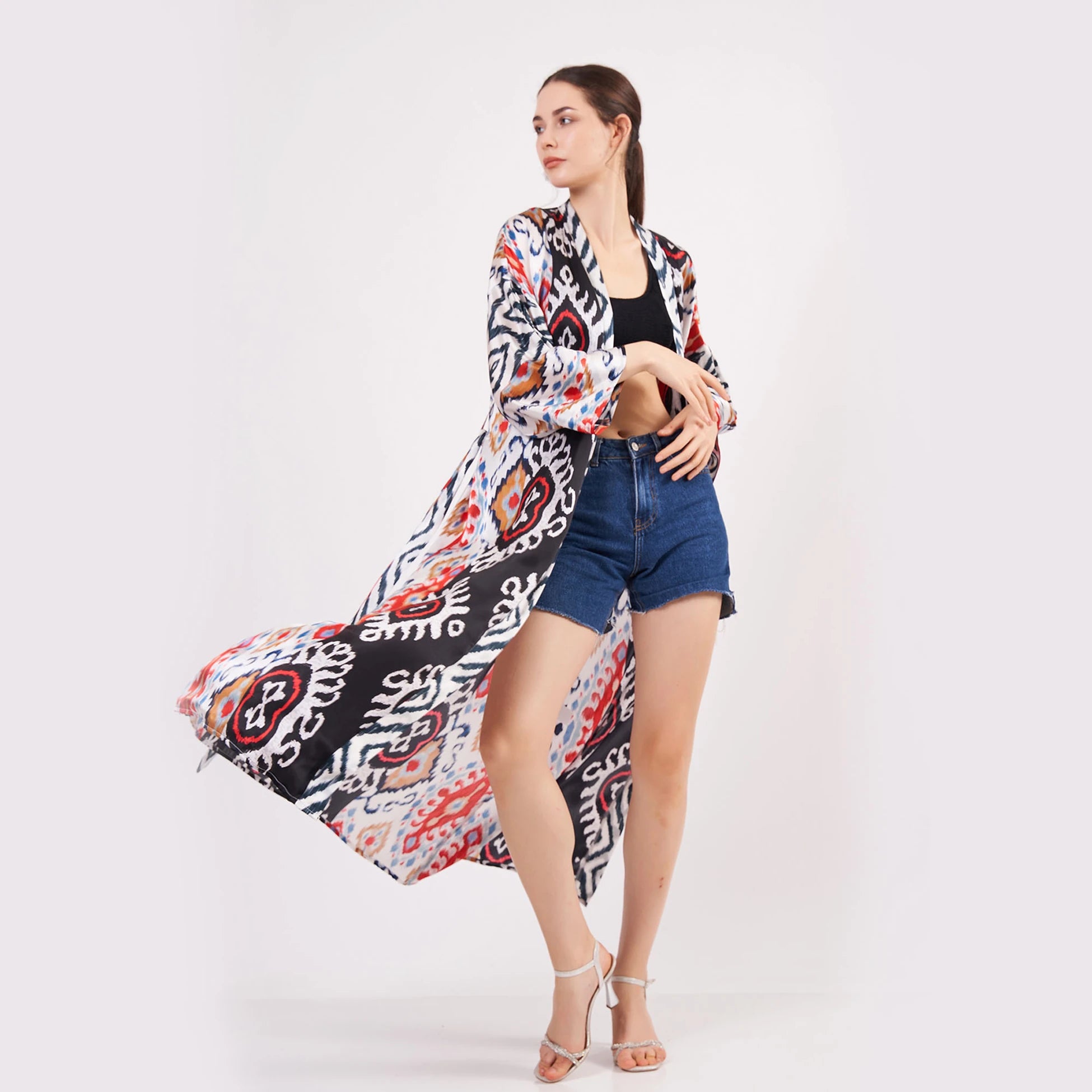 %100 İpek Uzun Kimono Kaftan | Ikat Desen 16 | Nomads Felt