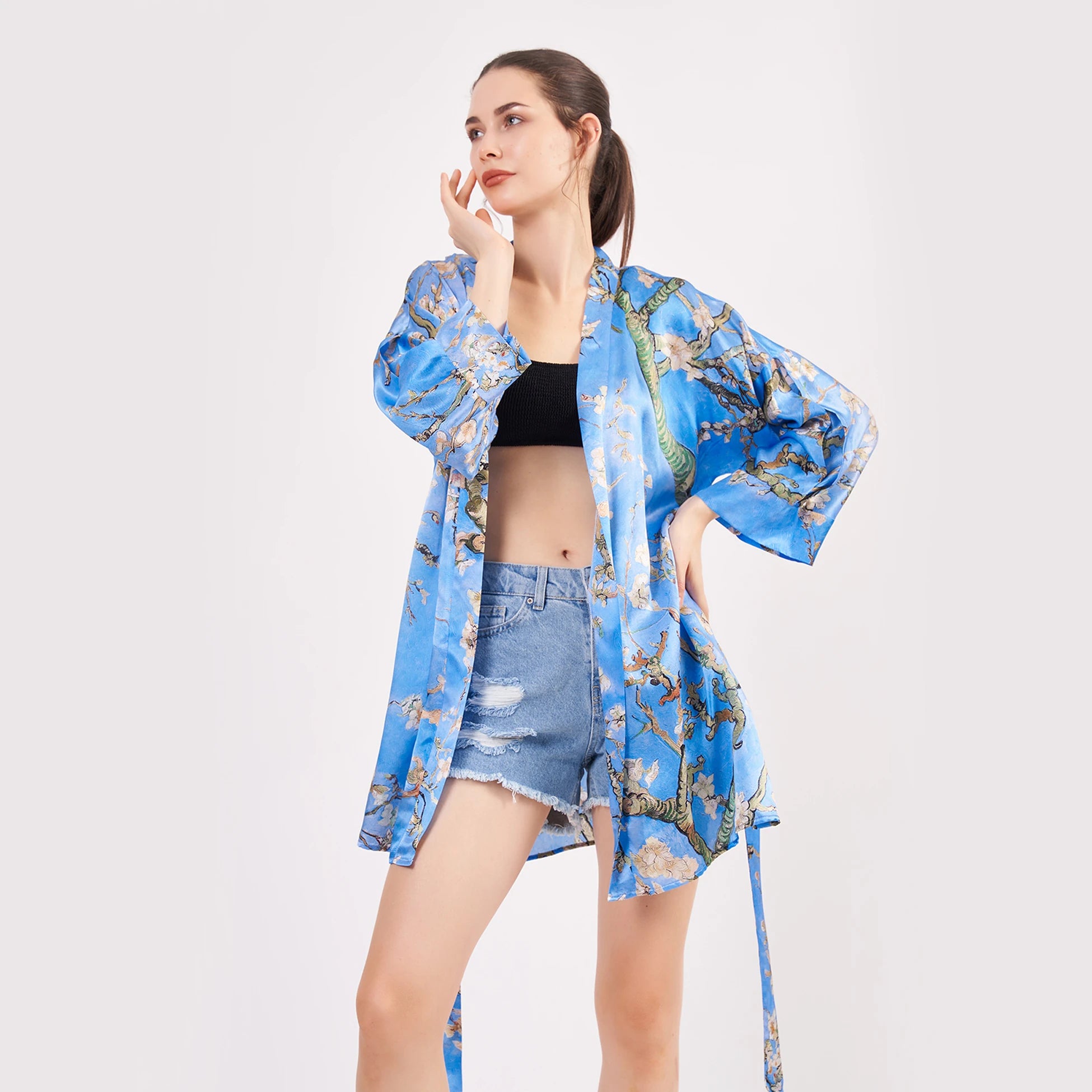 Saf İpek Kısa Kimono Kaftan | Van Gogh Badem Ağacı Mavi | Nomads Felt