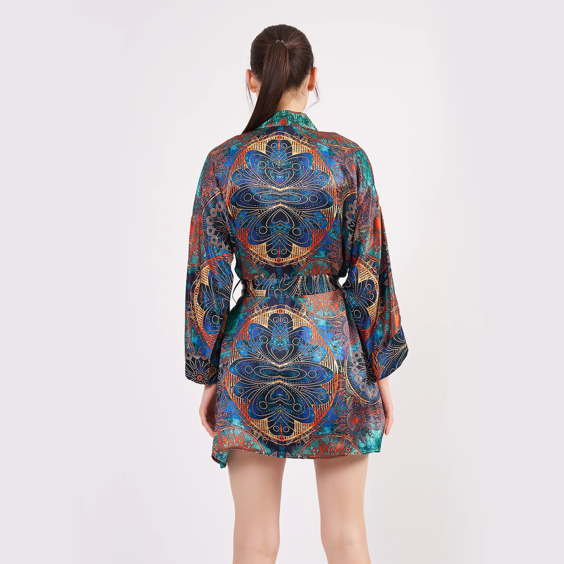 Saf İpek Kısa Kimono Kaftan | Mandala Desen 2 Yeşil | Nomads Felt