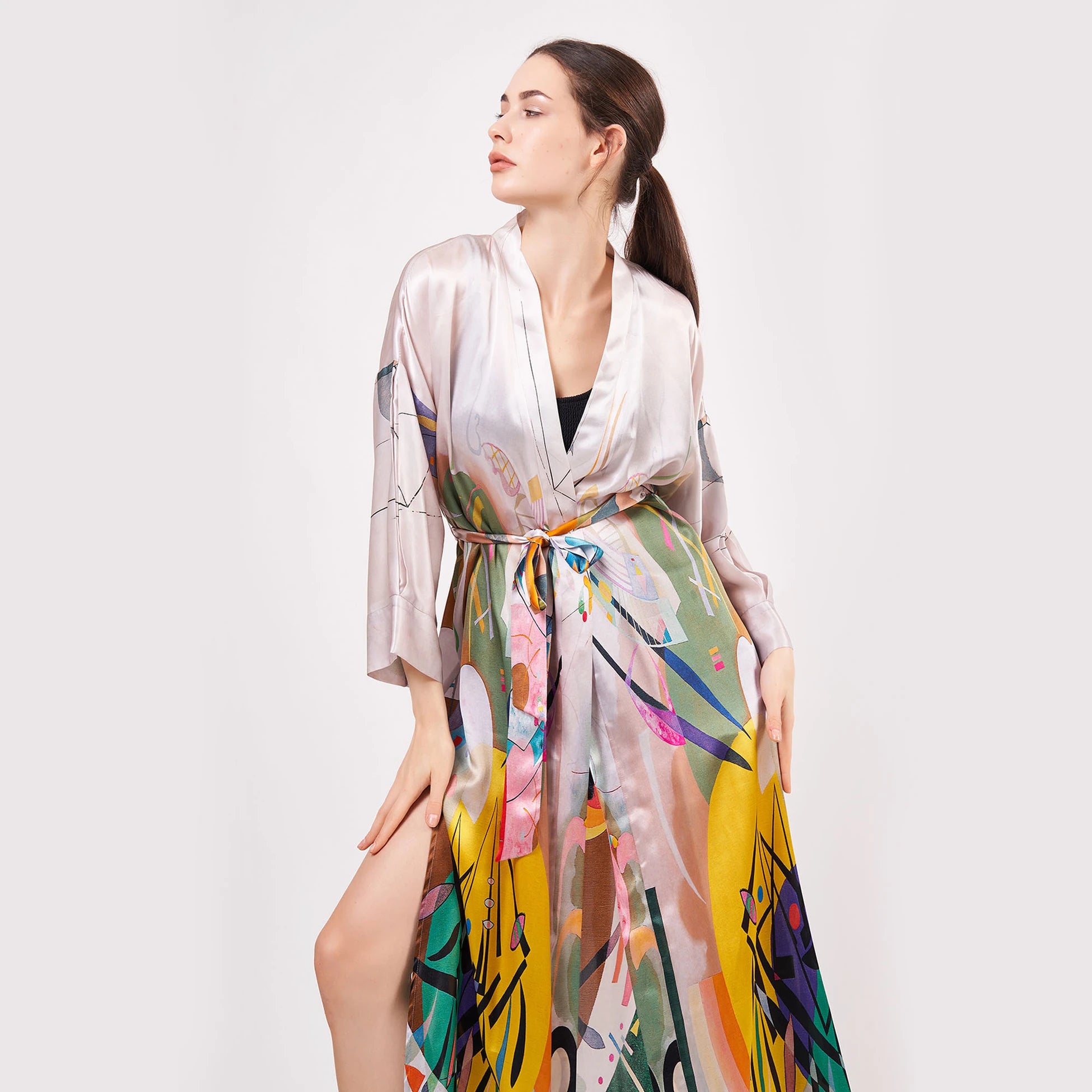%100 İpek Uzun Kimono Kaftan | Kandinsky Dominant Curve | Nomads Felt