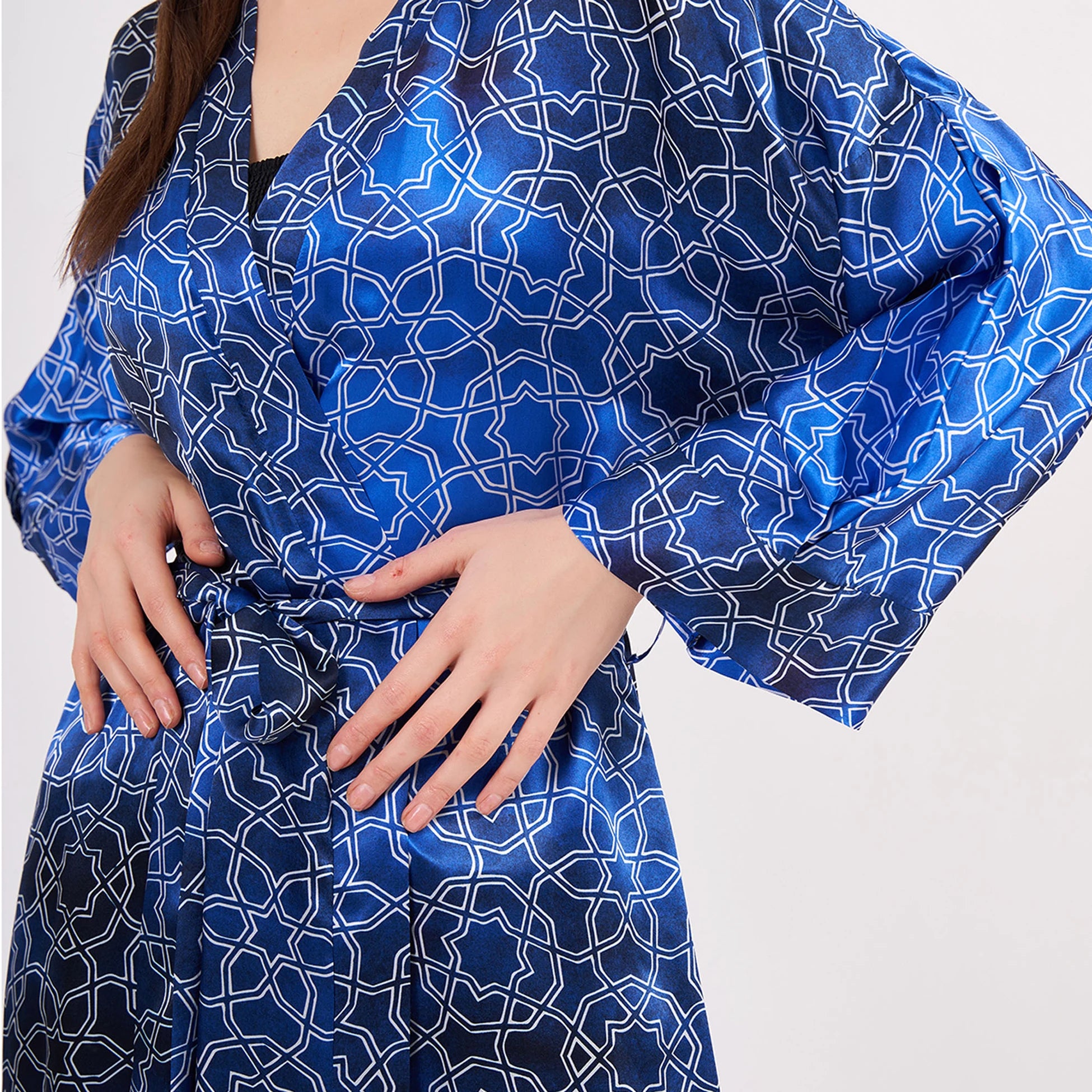 %100 İpek Uzun Kimono Kaftan | Mavi Beyaz Desenli | Nomads Felt