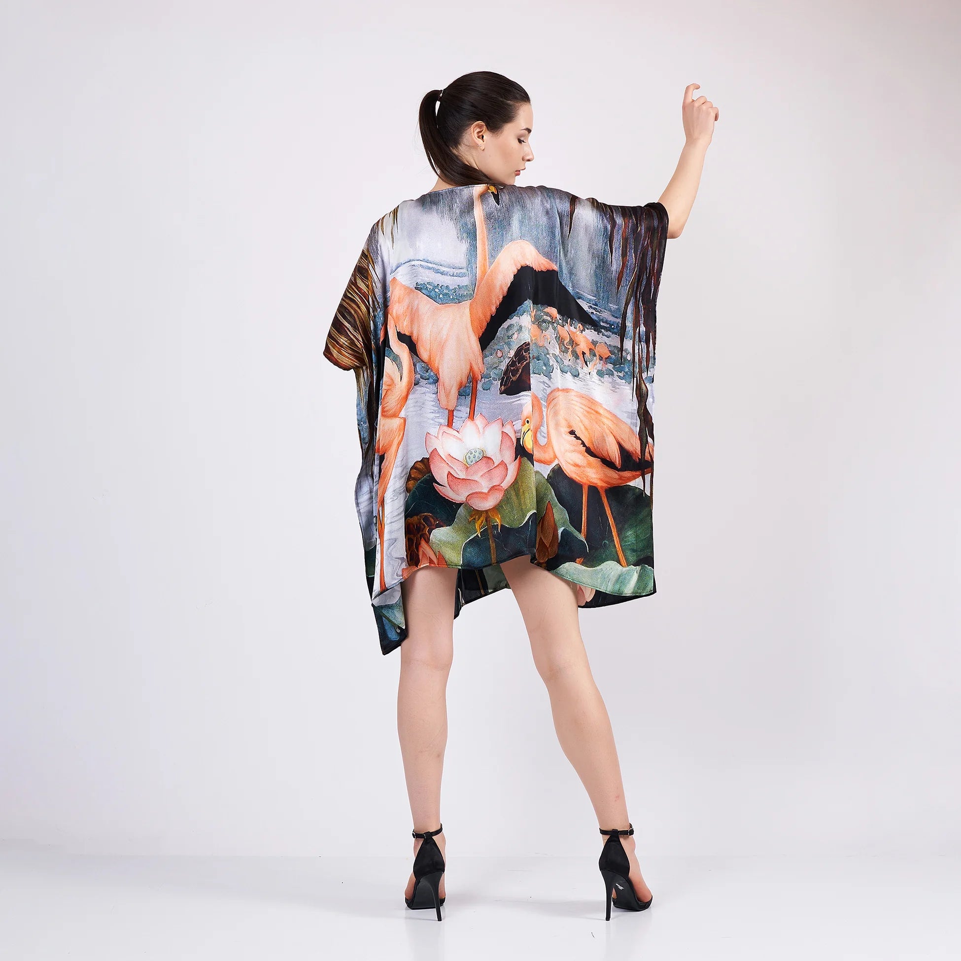 %100 İpek Kısa Kimono Pareo | Flamingo Desen | Nomads Felt