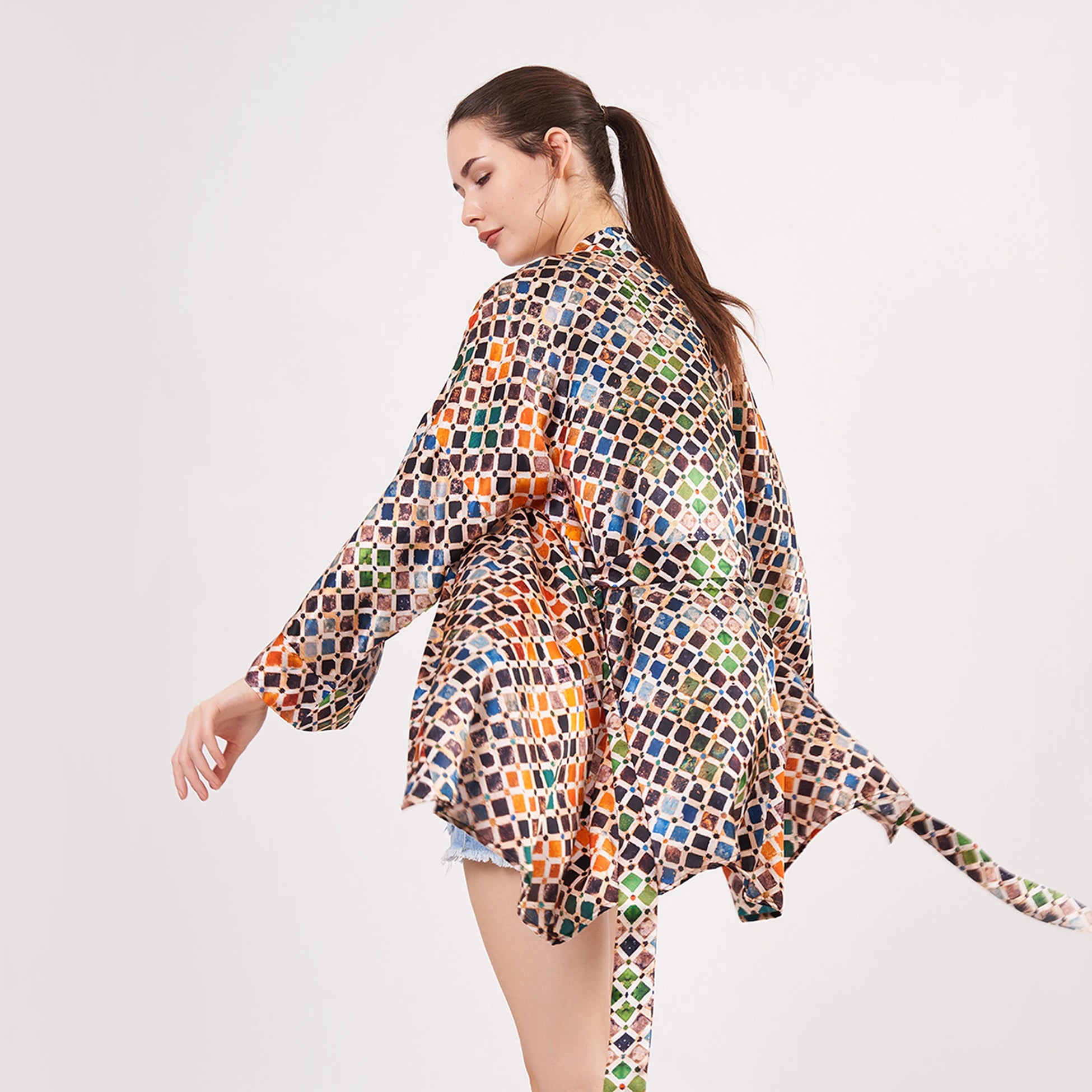 Saf İpek Kısa Kimono Kaftan | Elhamra Desen | Nomads Felt