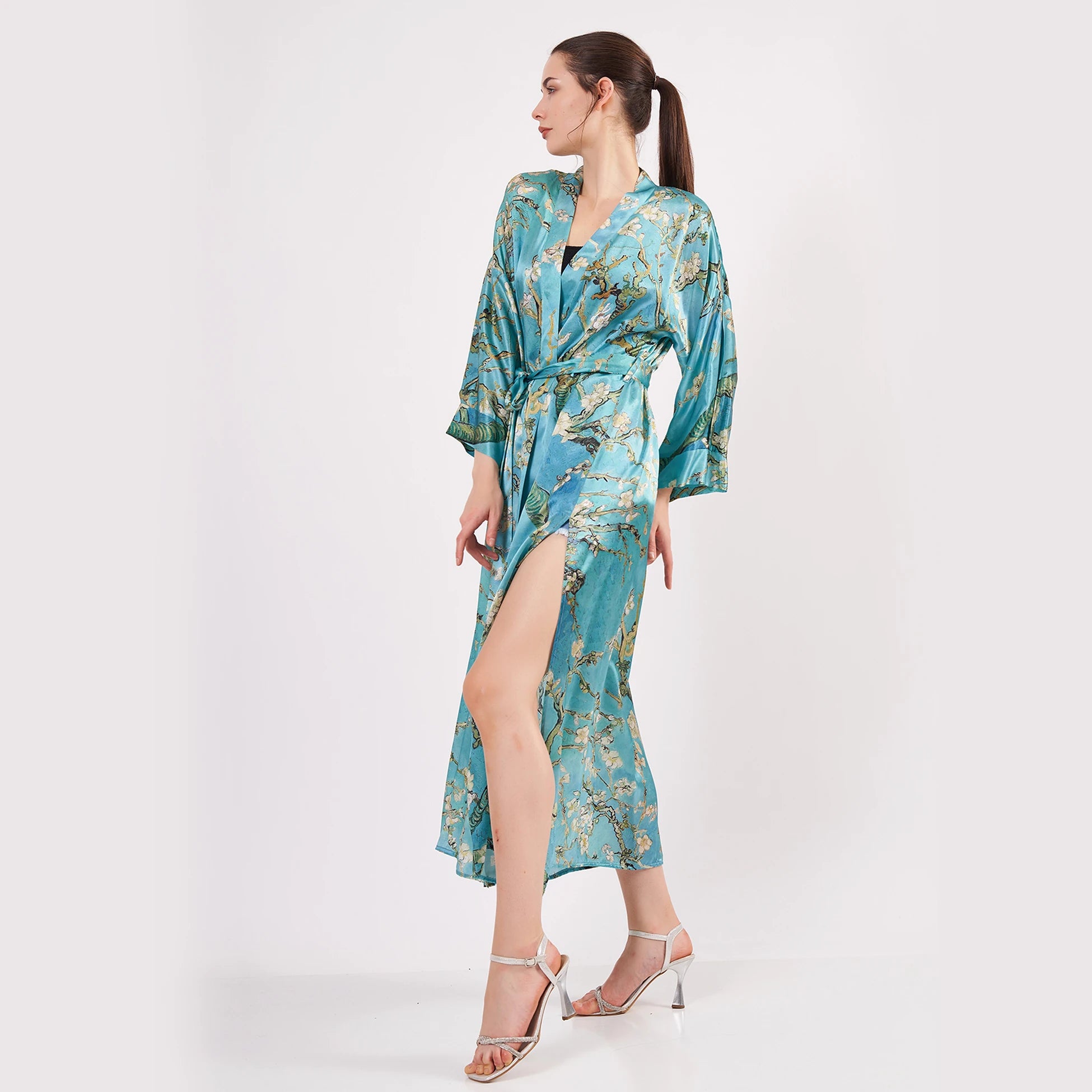 %100 İpek Uzun Kimono Kaftan | Turkuaz | Van Gogh Badem Ağacı | Nomads Felt