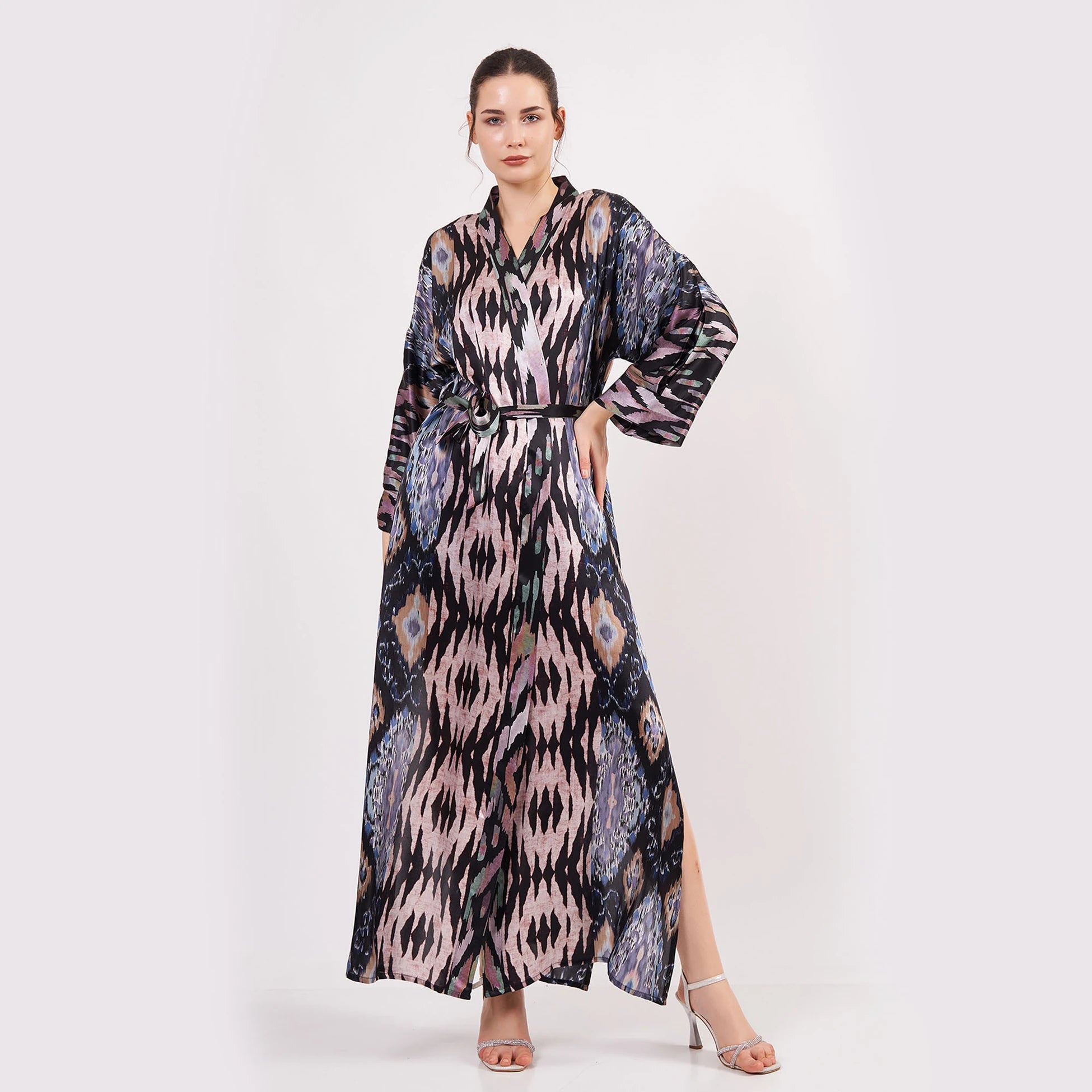 Saf İpek Uzun Kimono Kaftan | Ikat Desen 12 | Nomads Felt