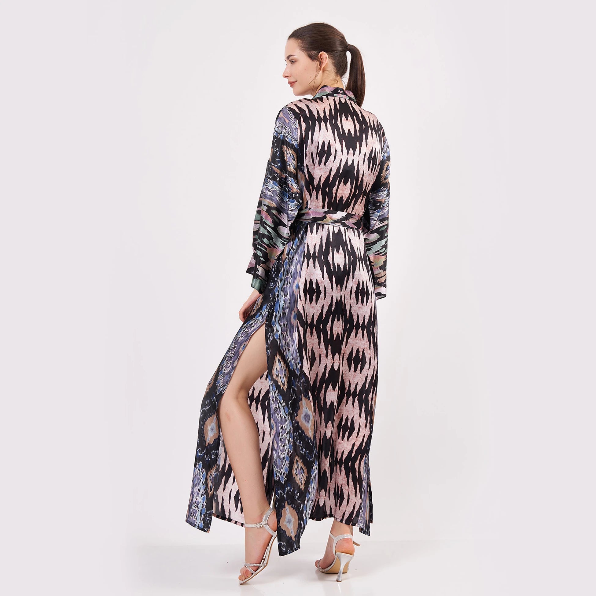 Saf İpek Uzun Kimono Kaftan | Ikat Desen 12 | Nomads Felt