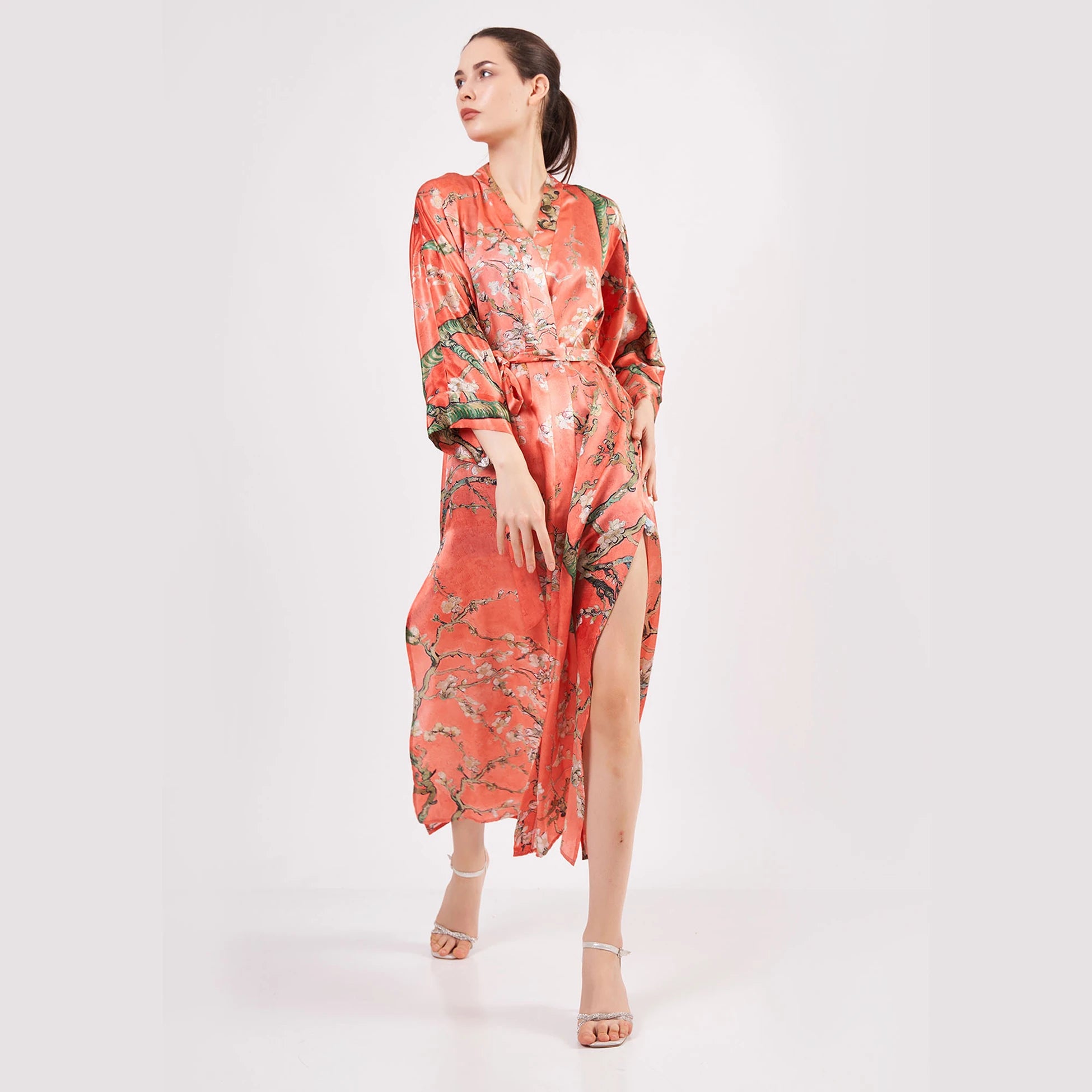 %100 İpek Kimono Kaftan | Nar Çiçeği | Van Gogh Badem Ağacı | Nomads Felt