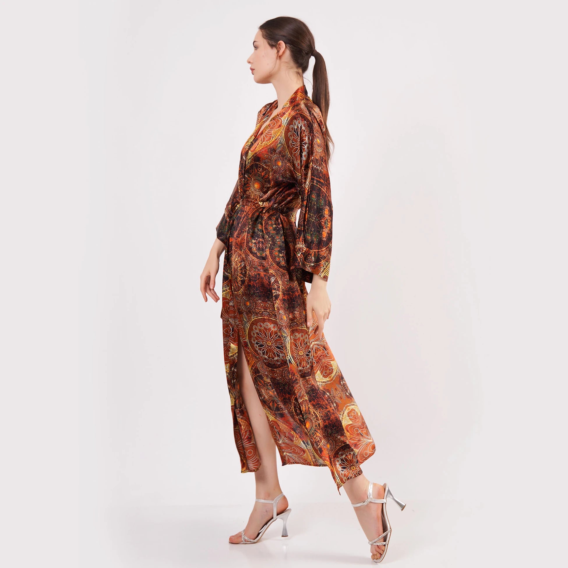 Saf İpek Uzun Kimono Kaftan | Kahverengi Mandala Desen | Nomads Felt