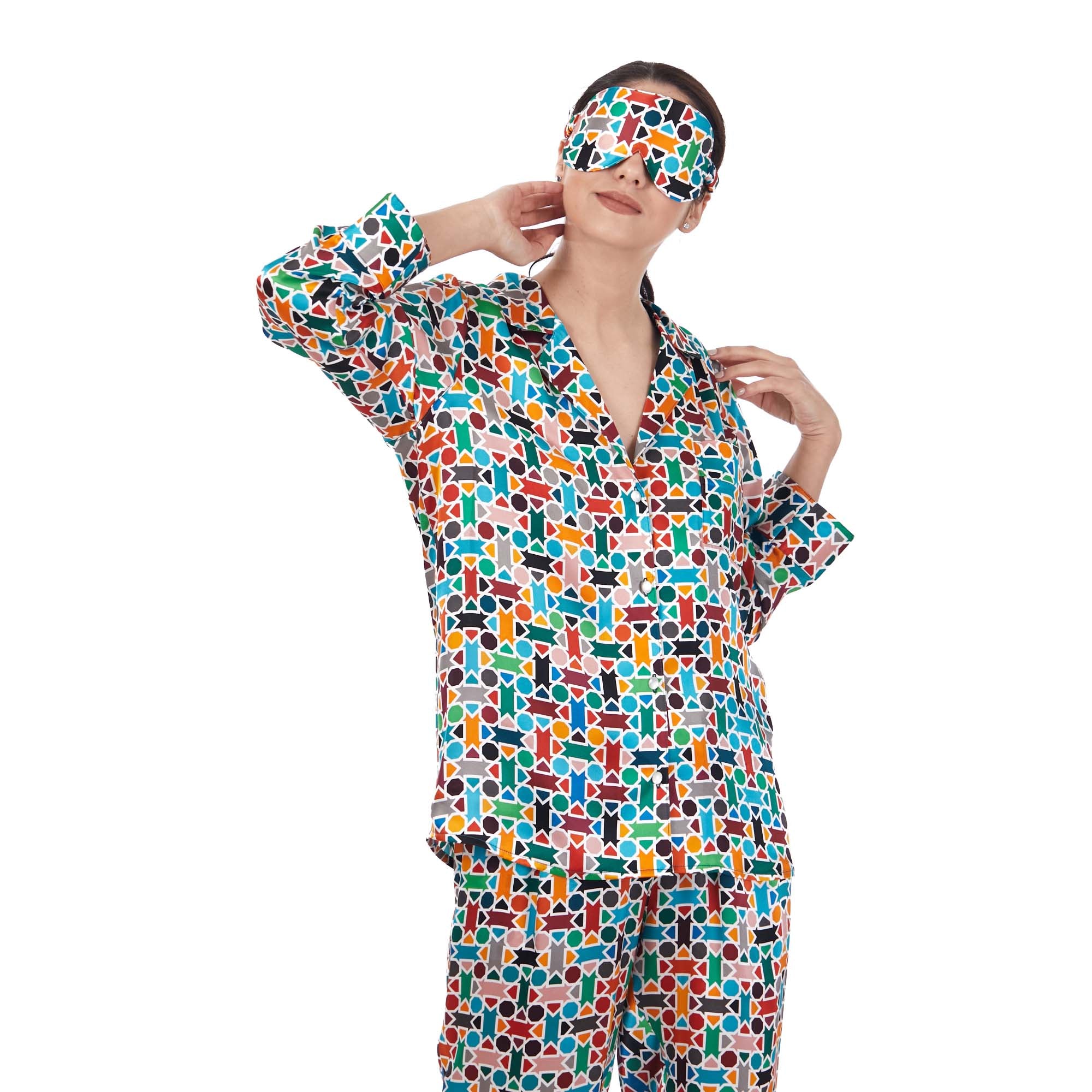 %100 İpek Gömlek-Pantolon / Pijama Takımı | Çok Renkli Geometrik Desen | Nomads Felt