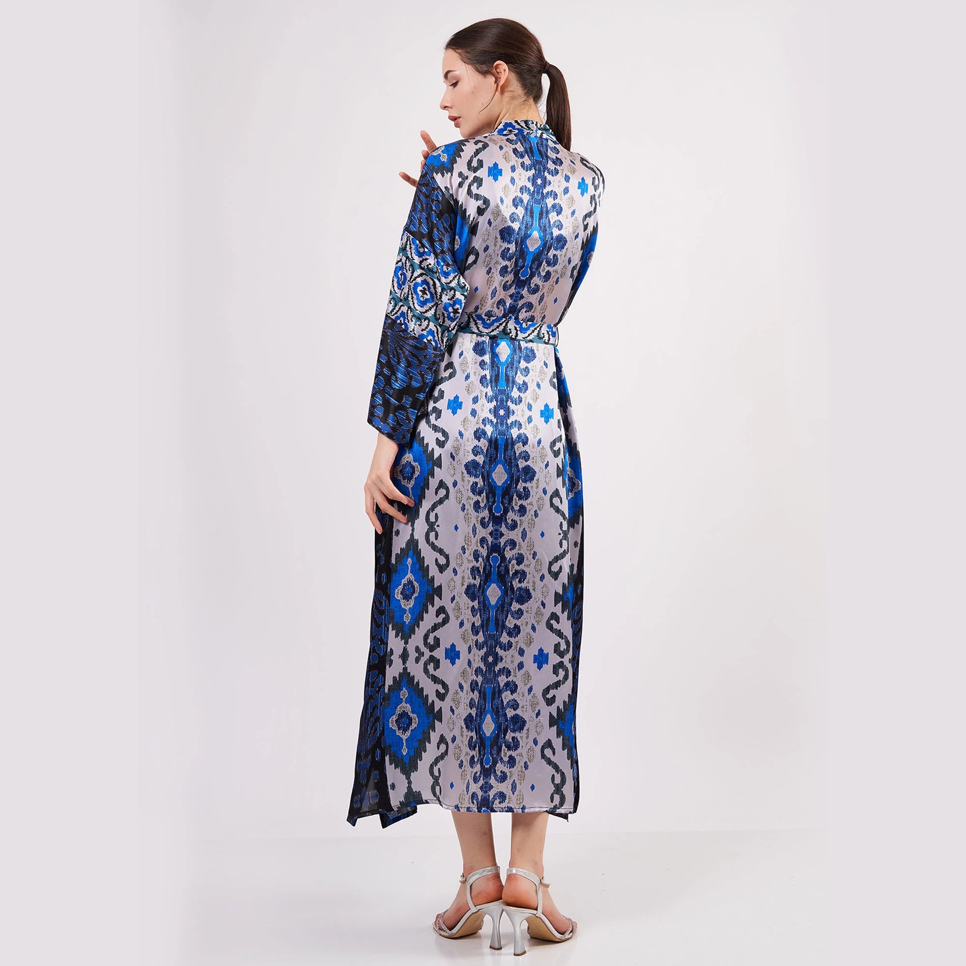 %100 İpek Uzun Kimono Kaftan | Ikat Desen Koyu Mavi | Nomads Felt