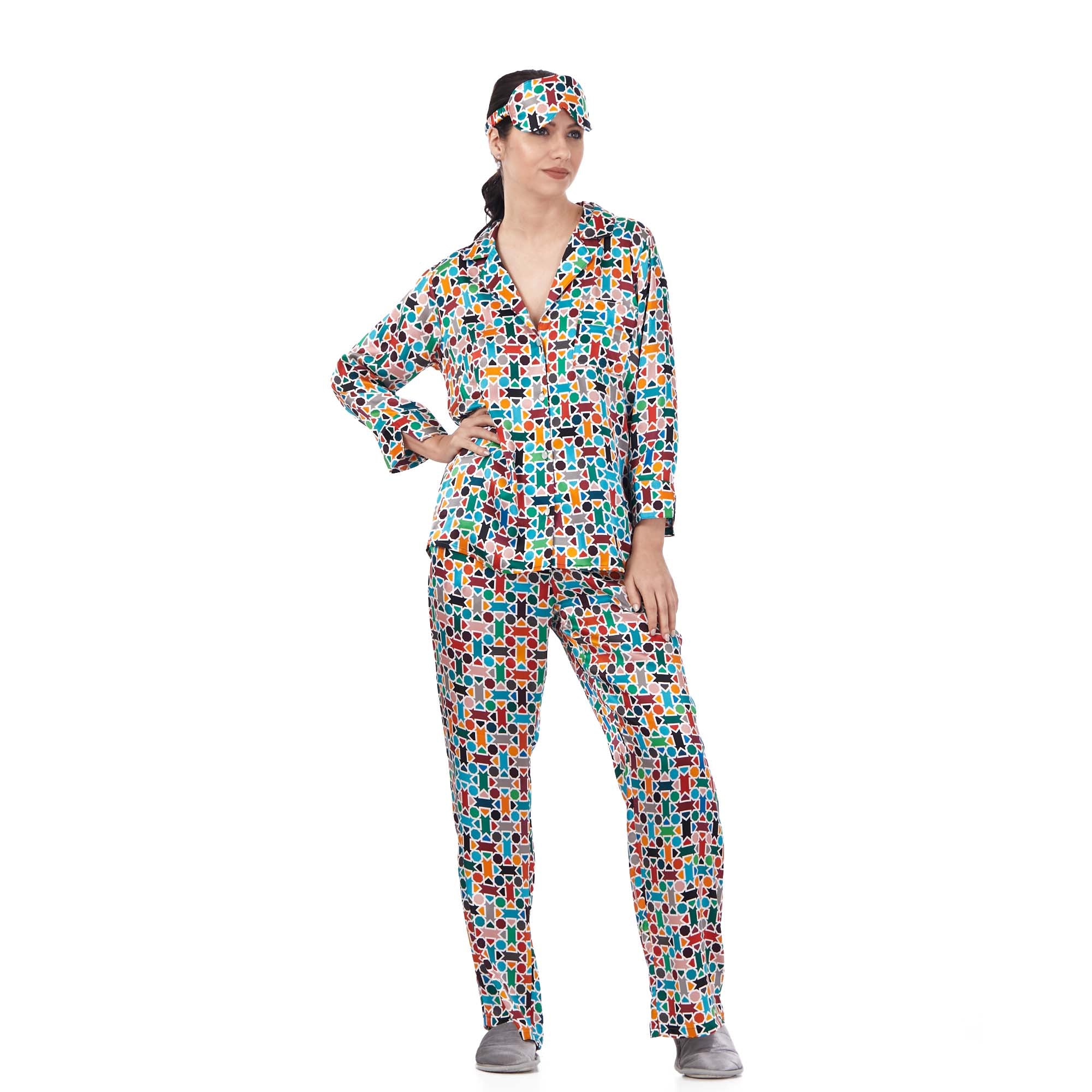 %100 İpek Gömlek-Pantolon / Pijama Takımı | Çok Renkli Geometrik Desen | Nomads Felt
