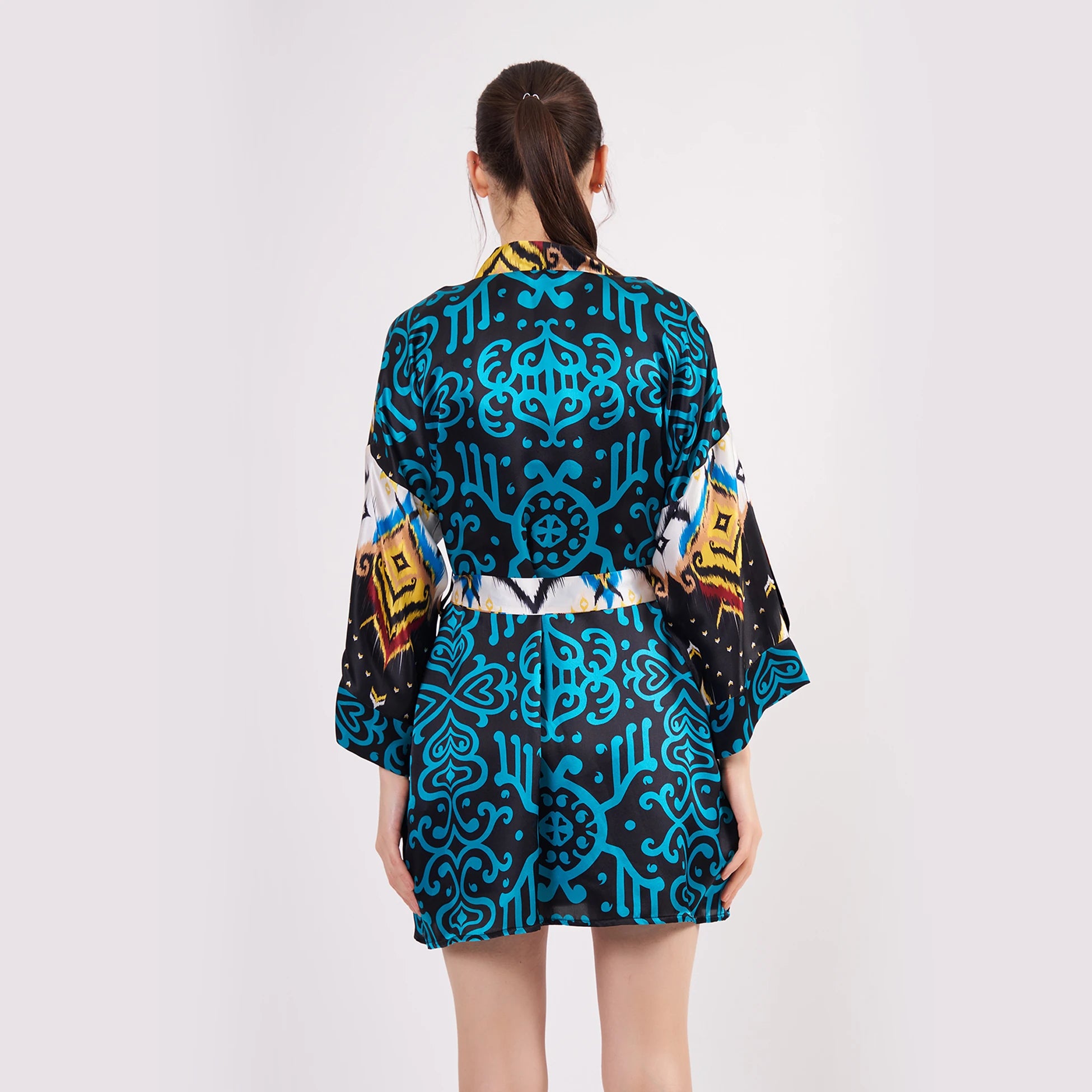 Saf İpek Kısa Kimono Kaftan | Ikat Desen 3 Turkuaz | Nomads Felt