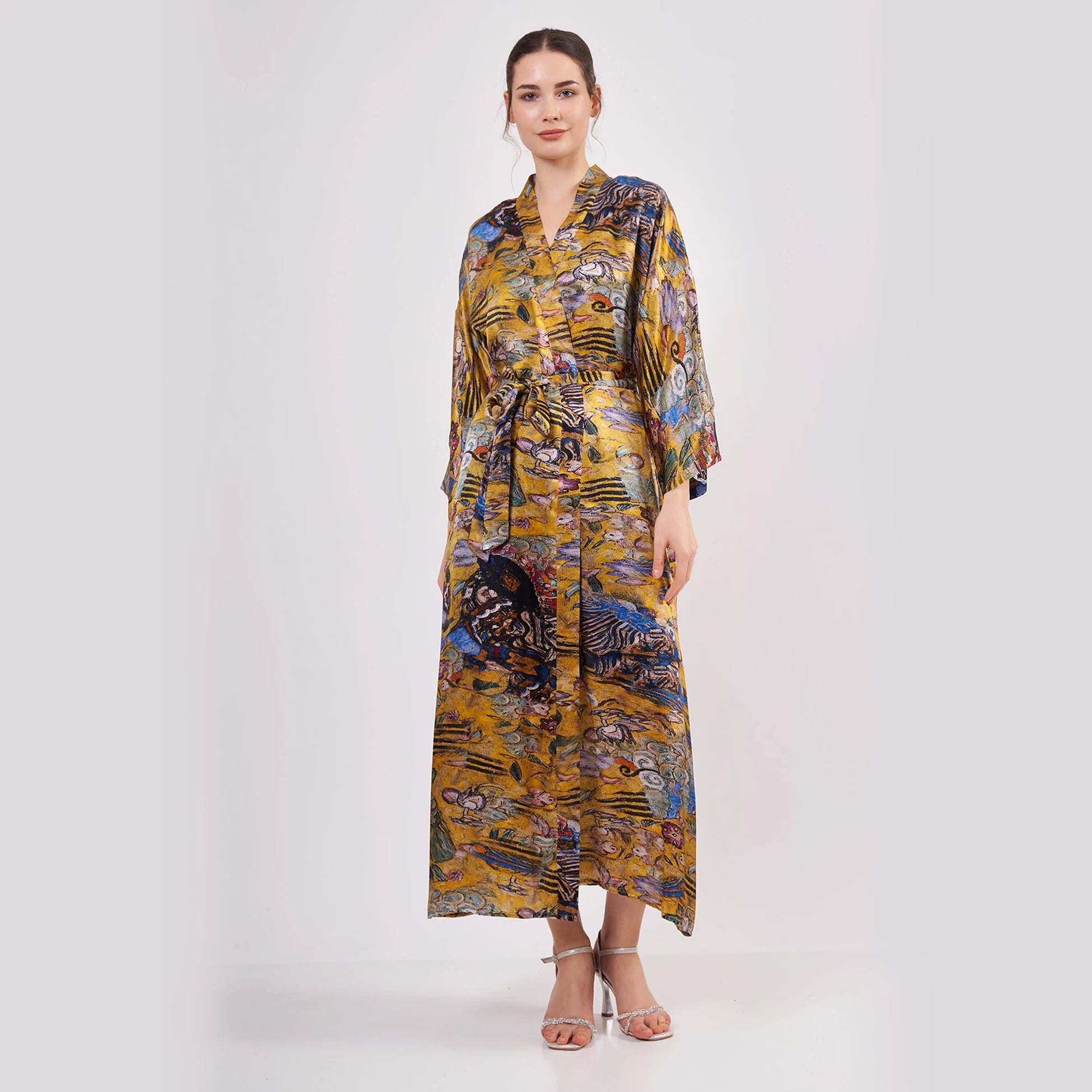 %100 İpek Uzun Kimono Kaftan | Gold Desenli | Nomads Felt