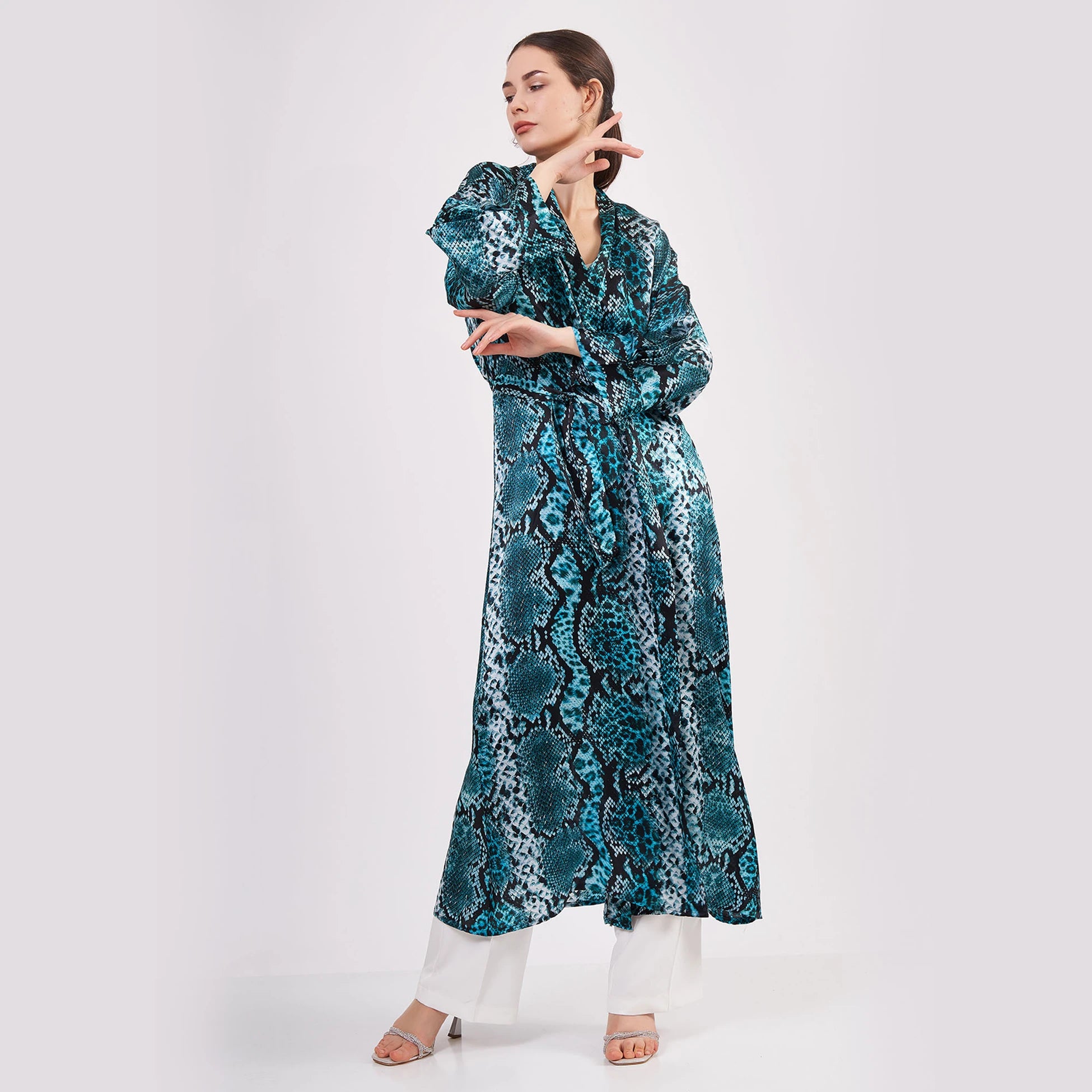 %100 İpek Kimono | Turkuaz Yılan Derisi Desen | Nomads Felt