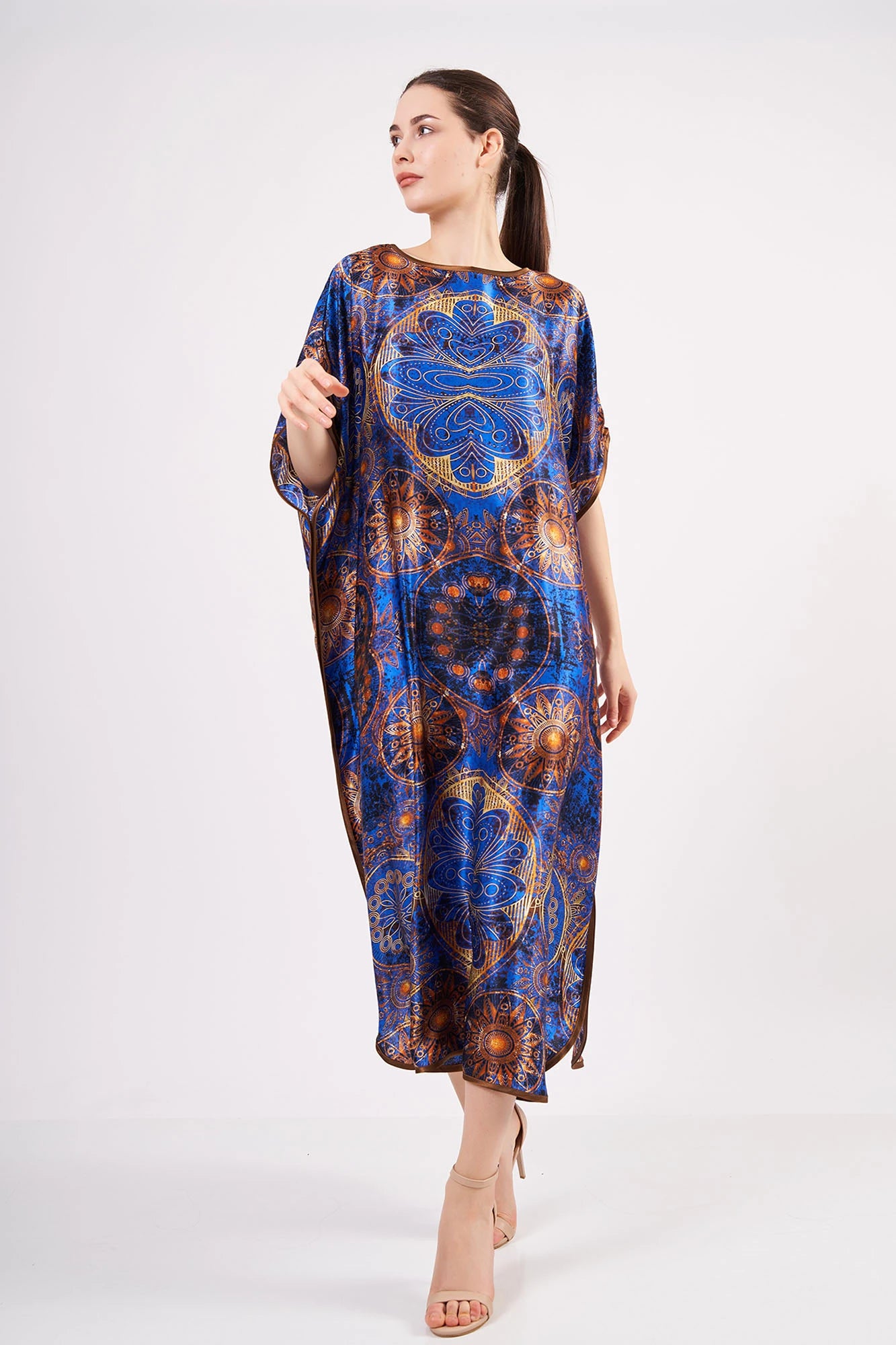 Saf İpek Uzun Elbise | Mandala Desen Saks Mavi | Nomads Felt